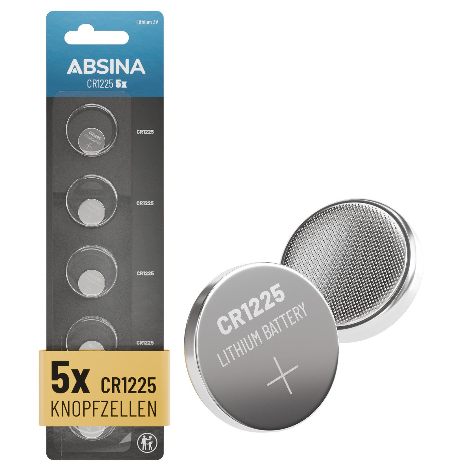 ABSINA 5x CR1225 Knopfzelle 3V Lithium - CR 1225, Lithium CR1225 Knopfzelle, (5 St)
