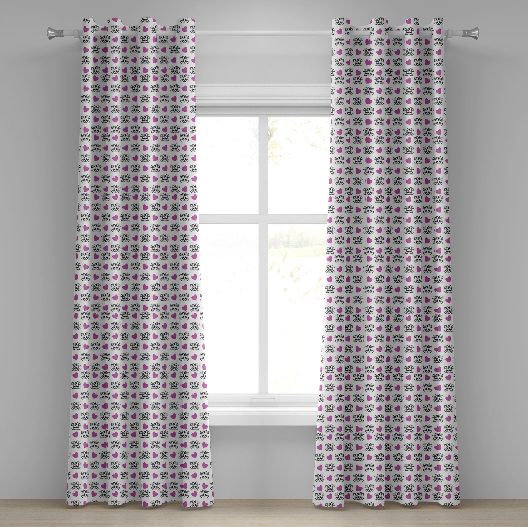 Gardine Dekorative 2-Panel-Fenstervorhänge für Schlafzimmer Wohnzimmer, Abakuhaus, Teen Emo Schädel-Herzen Funky