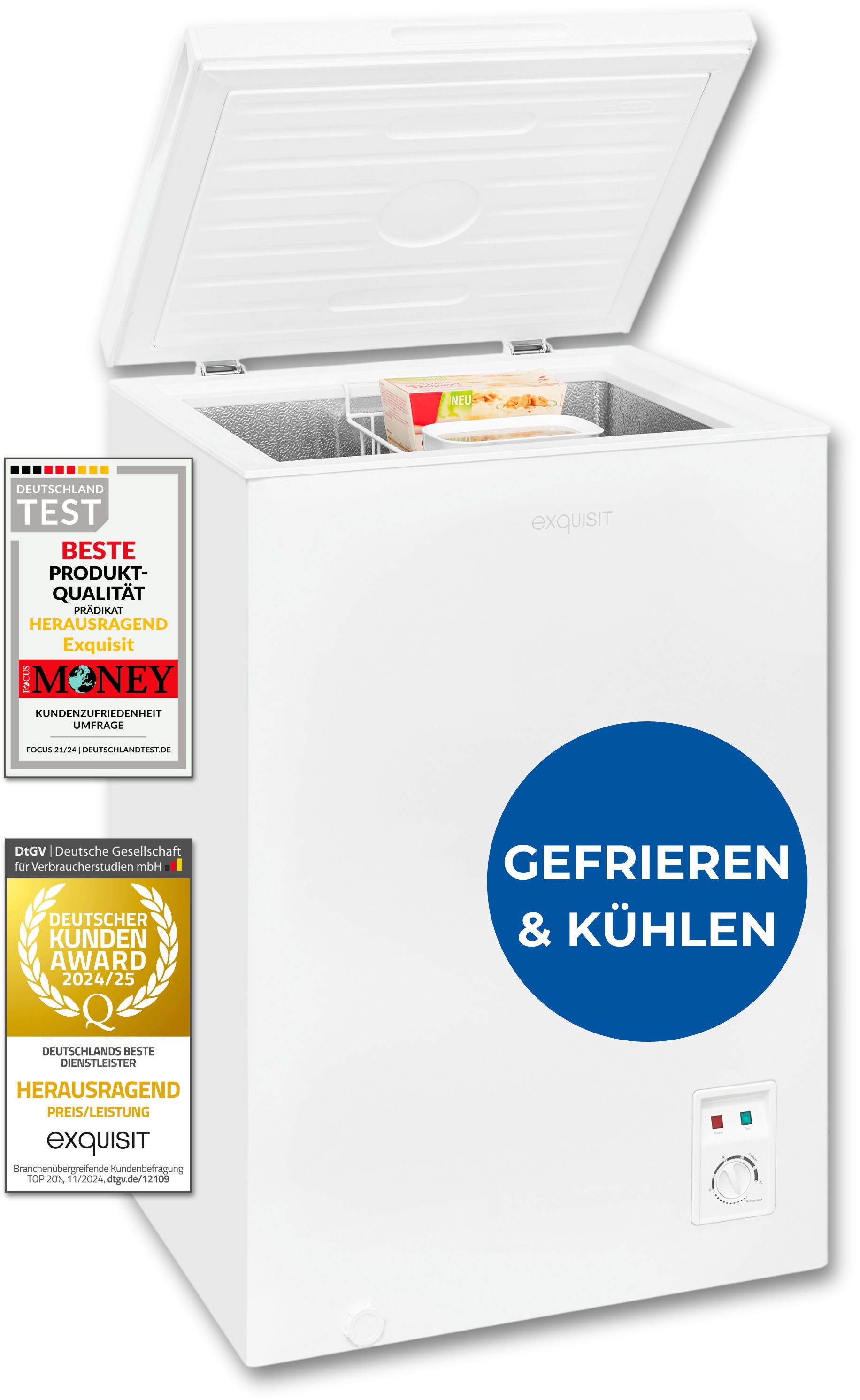 exquisit Gefriertruhe GT100-050E weiss, 54,5 cm breit, 99 l, 4*-Gefriertruhe mit ergonomischer Griffmulde – bequem zu öffnen