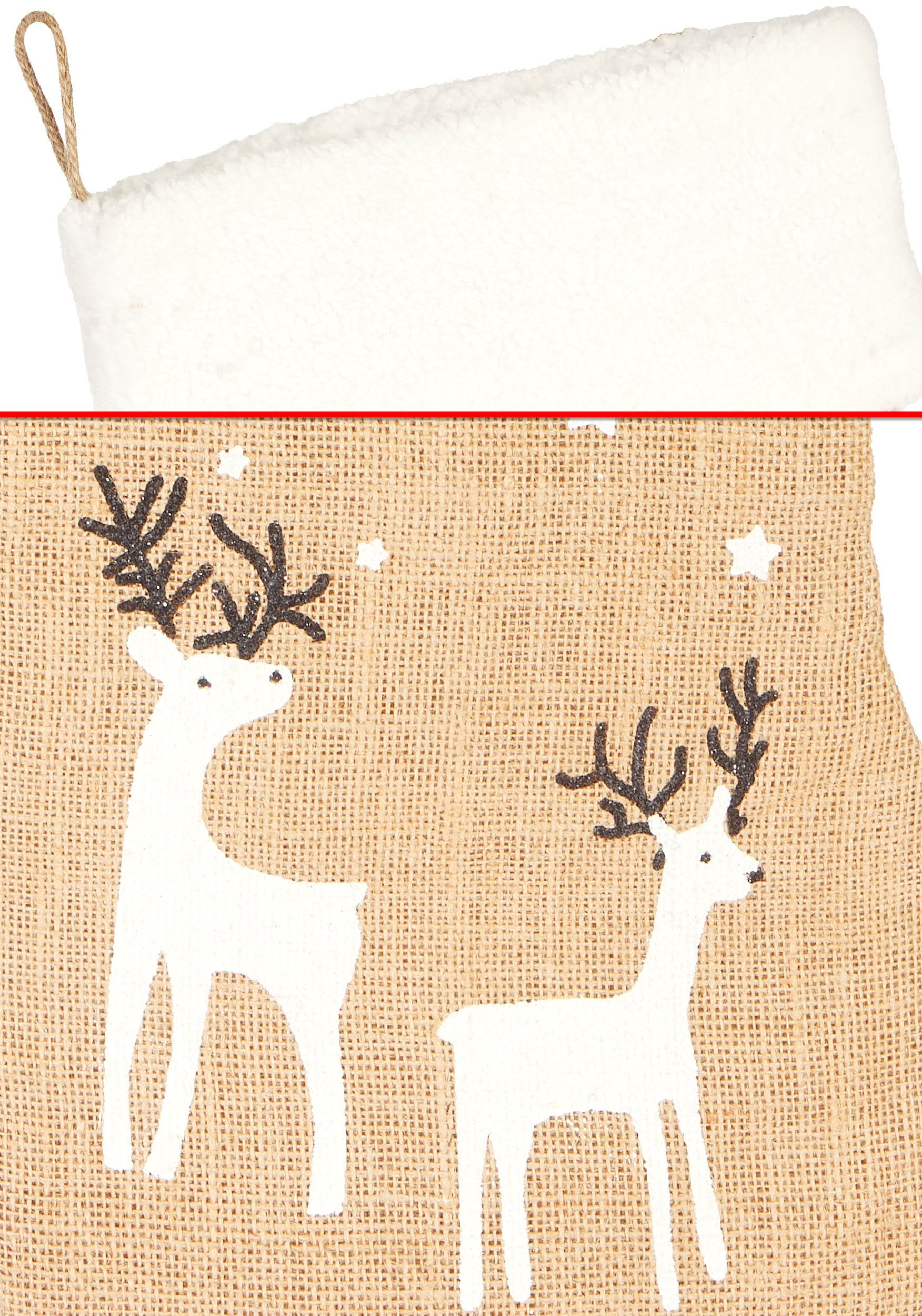BRUBAKER Nikolausstiefel Weihnachtsstrumpf zum Befüllen und Aufhängen - 52 cm Nikolausstrumpf (Rentiere Sterne Weiß, 1 St., Weihnachtsdeko Strümpfe Weihnachtssocke aus Jute), große Socke/Stiefel für Weihnachten und Nikolaus