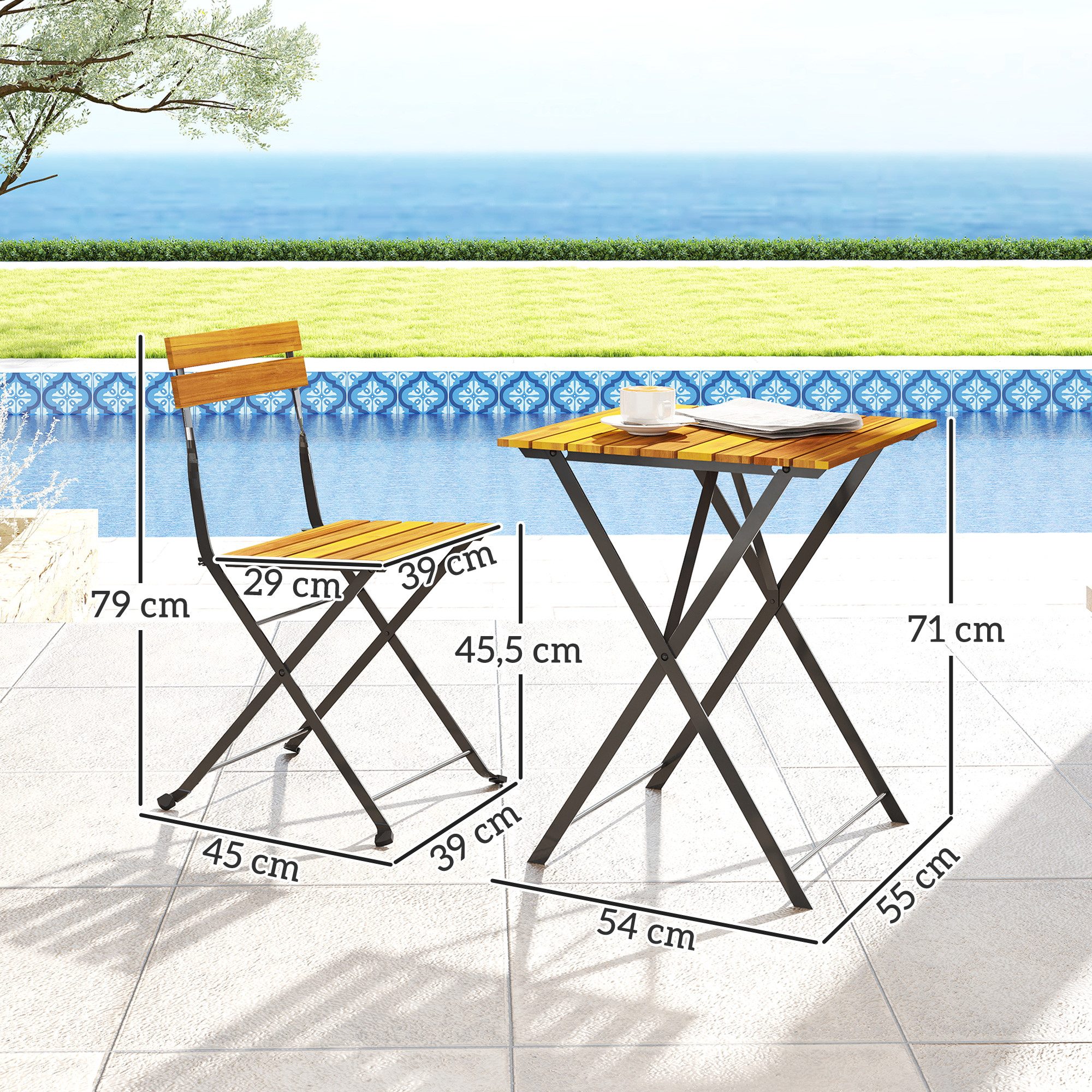 Outsunny Balkonset klappbarer Esstisch mit 2 klappbare Stühle Stahlgestell, (Sitzgruppe, 3-tlg., Essgruppe), für Terrasse, Balkon Teak
