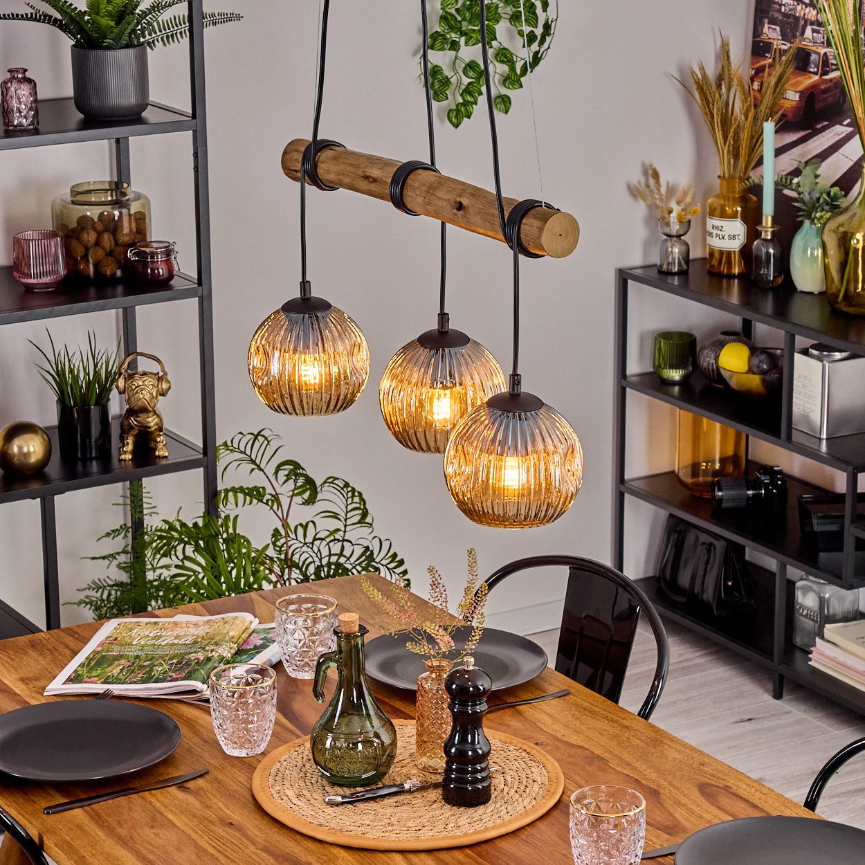 hofstein Pendelleuchte Hängelampe aus Metall/Holz/Riffelglas in Schwarz/Nat günstig online kaufen