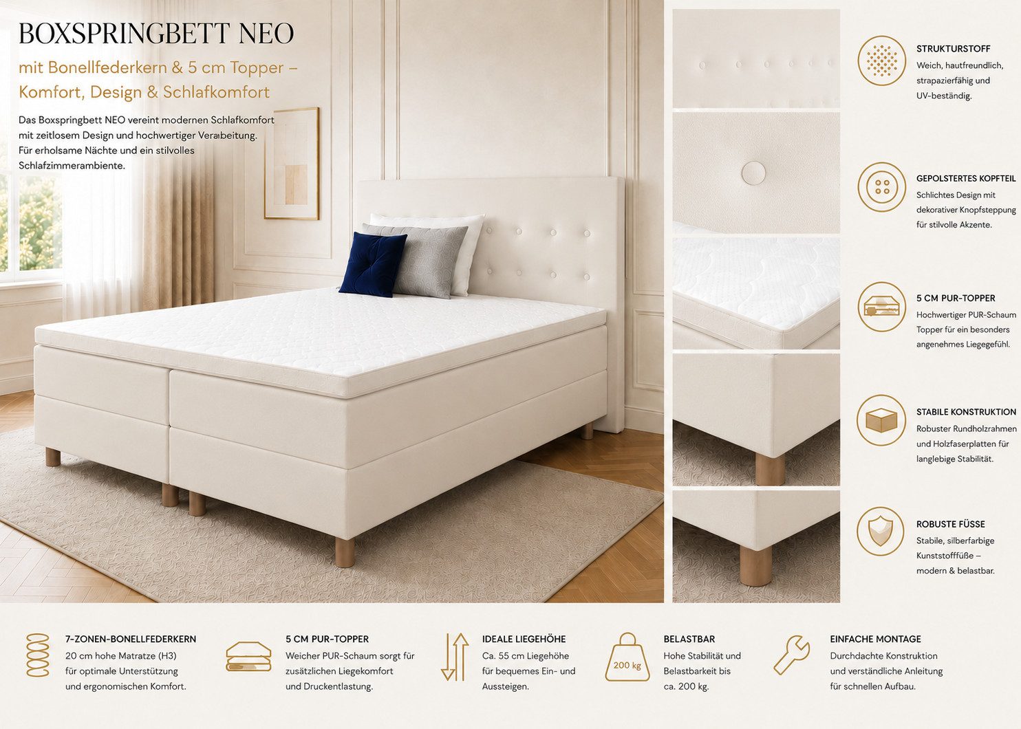 Best for Home Boxspringbett NEO bett mit 7-Zonen-Bonellfederkern und 5 cm Topper (Boxspringbett-Set, 6-St., Boxspringbett-Set inklusive Unterboxen, Matratzen, T – Bild 3 von 5