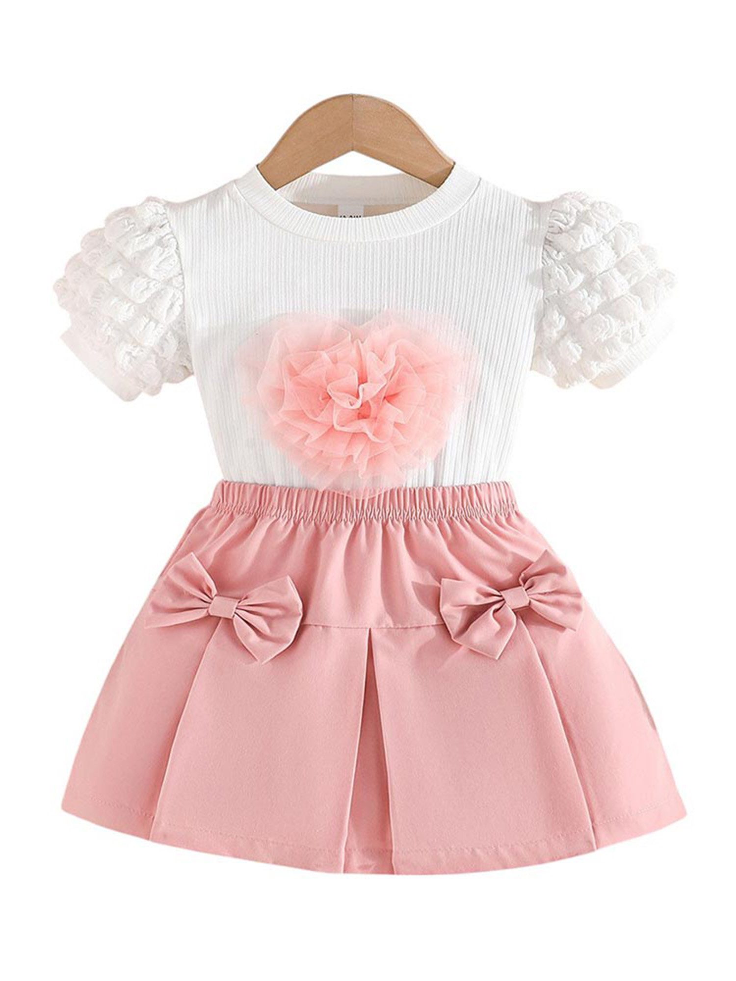 Shirt & Rock Mädchen Sommer Sets, Puff-Kurzarm-Top +Rock mit Schleife Anzüge