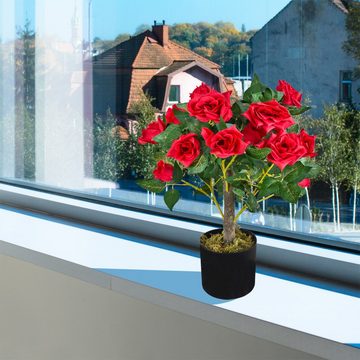 Kunstblume Rose Rosenbusch Rosenstock Künstliche Pflanze Rot Echtholz 50 cm, Decovego