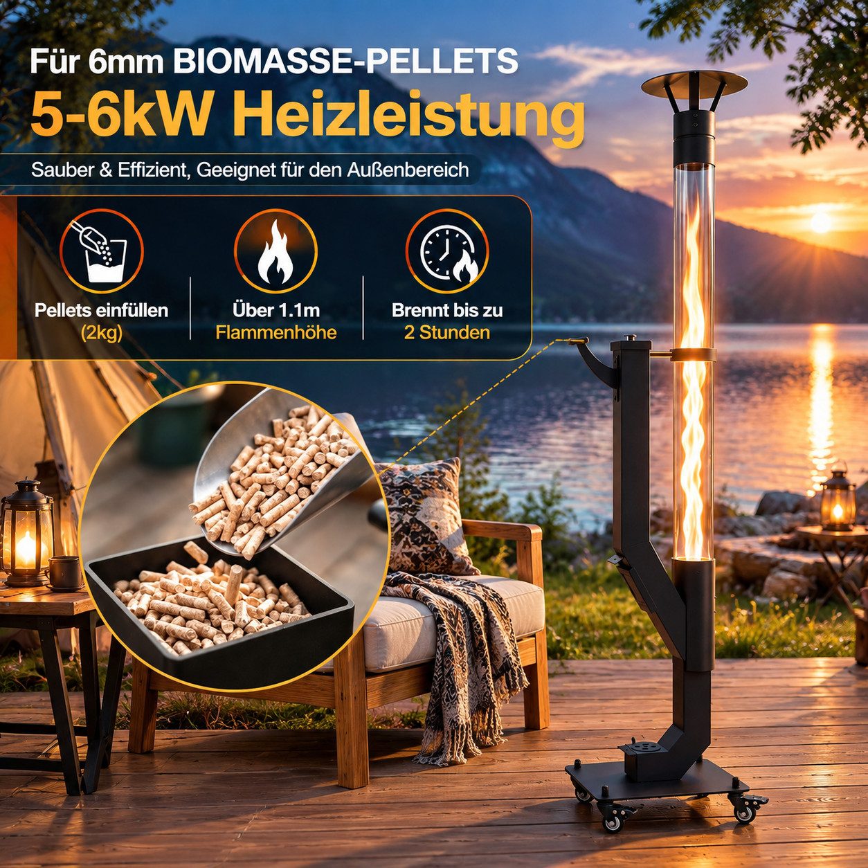 Ledklang Heizstrahler Pelletfackel Glasrohr,167CM,Outdoor Terrassenheizer,Stand, 6000 W, Terrassenfeuer Reinigungsbürste Feuersäule für Garten Brenndauer 2H – Bild 2 von 5