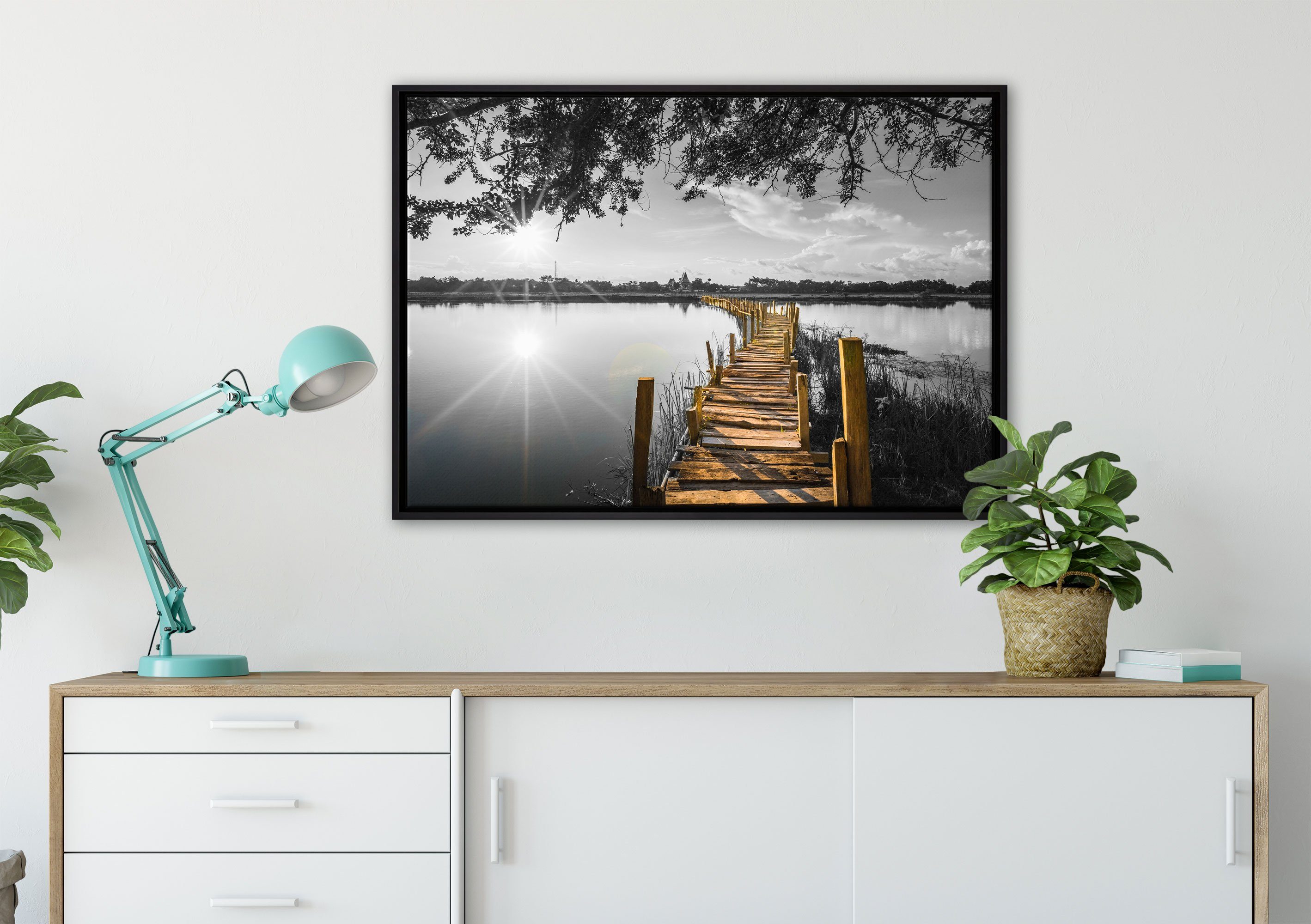 Pixxprint Leinwandbild Holzbrücke über Natursee im günstig online kaufen