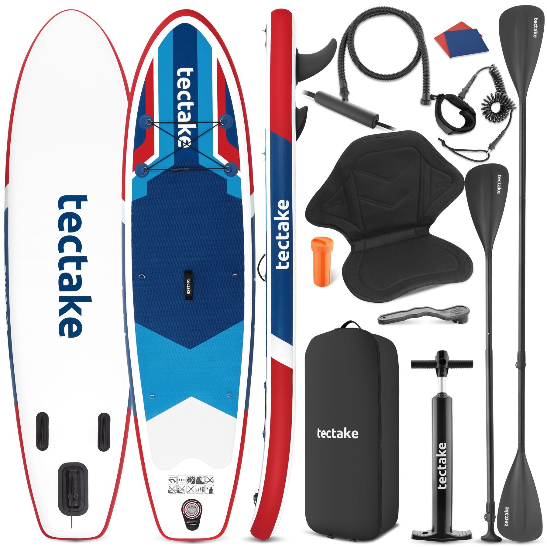 tectake SUP-Board Aufblasbares Paddle Board 2in1, Drop-Stitch, belastbar, Komplettset, Stand-up Paddle, (Sup Board Mit Kajaksitz Poseidon, in Rot/blau), Inkl. verstellbares Doppelpaddel und Kajak-Sitz für flexiblen Einsatz