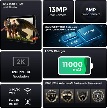 Fossibot DT1 LITE Outdoor Mit 2K Display 11000mAh Akku Tablet (10.4", 64 GB, Android 13, IP68 Wasserdicht 13MP Kamera/5G WiFi/GPS/OTG/Vier Lautsprecher)