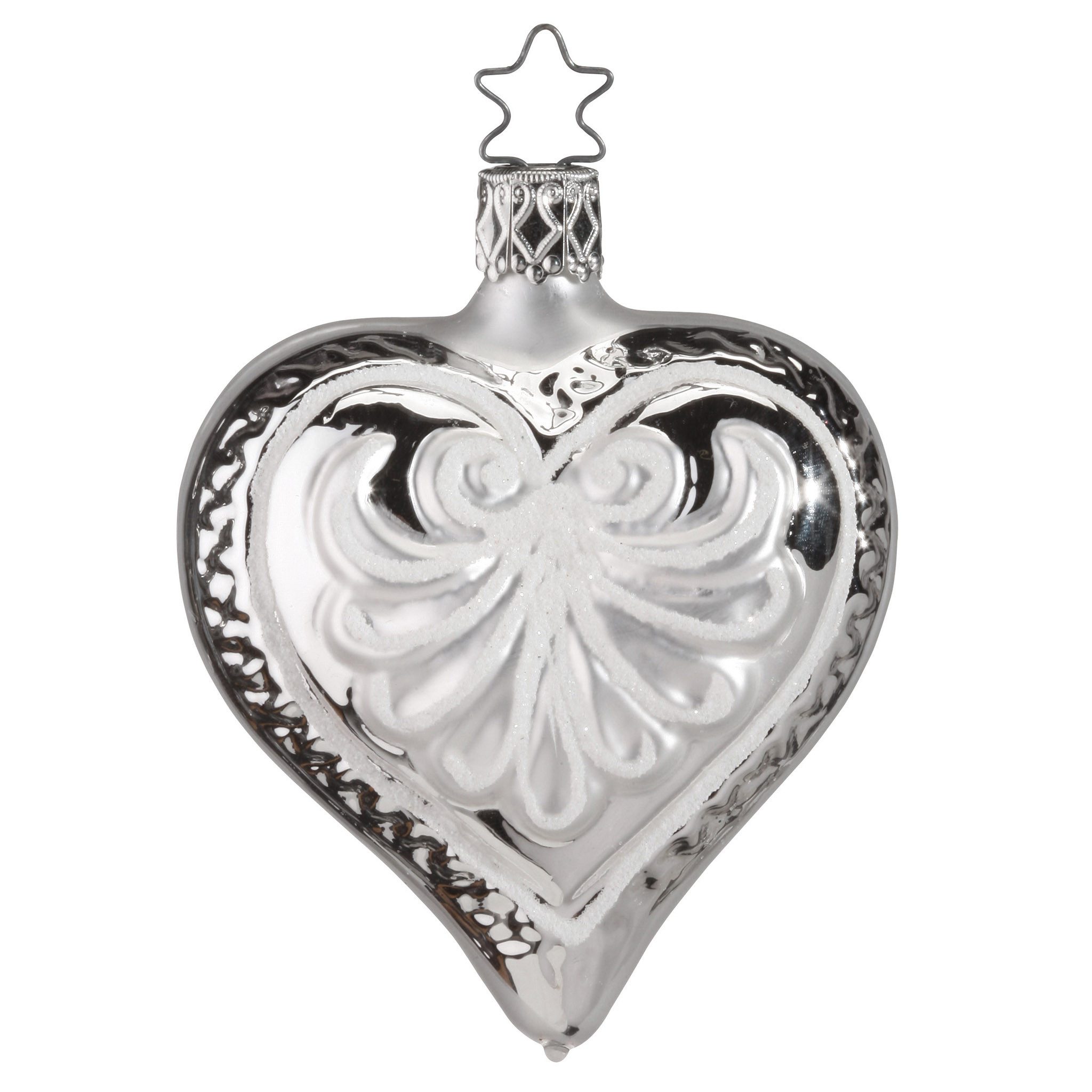 INGE-GLAS® Christbaumschmuck, Christbaumschmuck Glas Herz mit Ornament Vintage 8cm silber 1 Stück