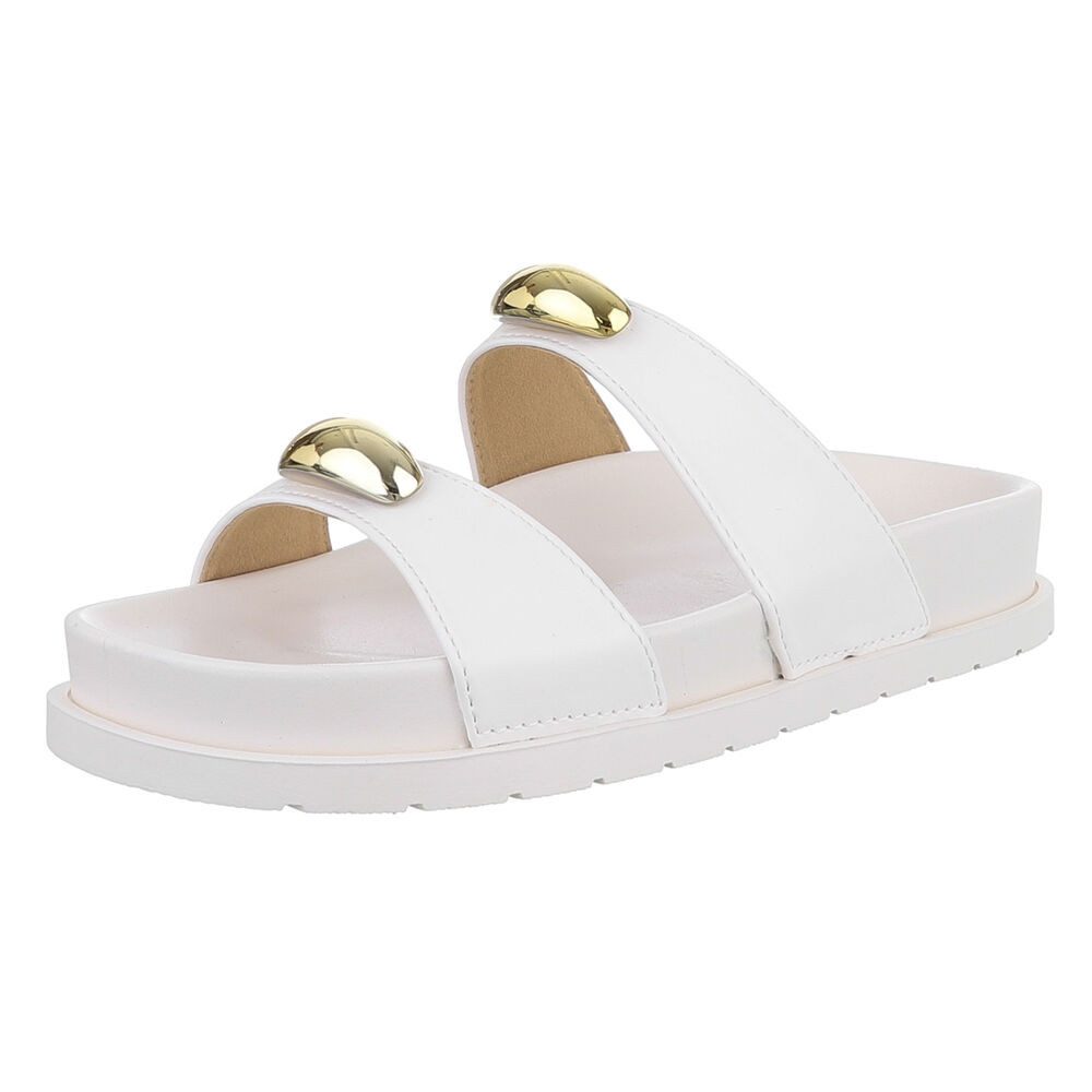 Ital-Design Bequeme Damen-Sandalen mit goldenen Details – Beige Pantolette günstig online kaufen