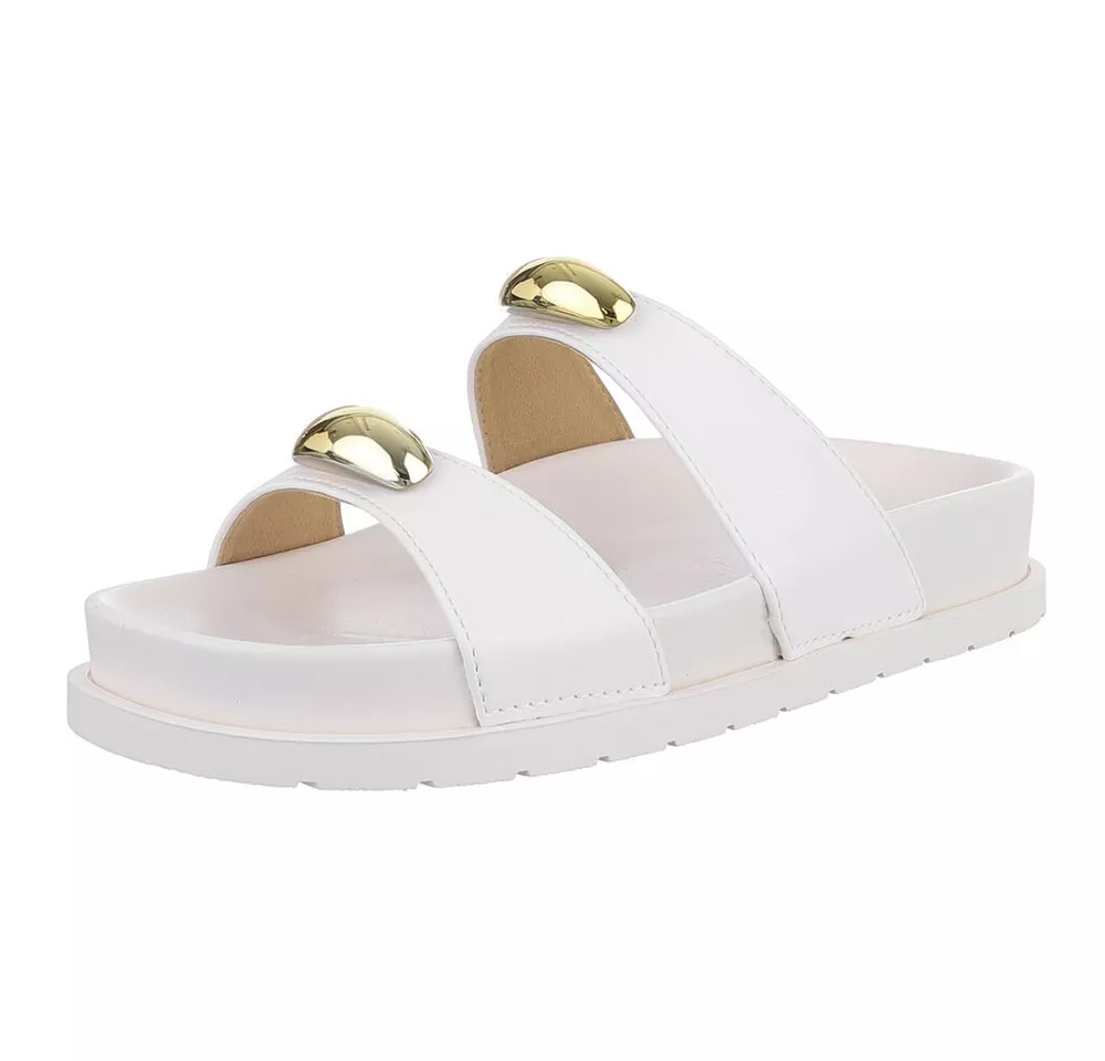 Ital-Design Bequeme Damen-Sandalen mit goldenen Details – Beige Pantolette (89368711) Flach Pantoletten in Weiß