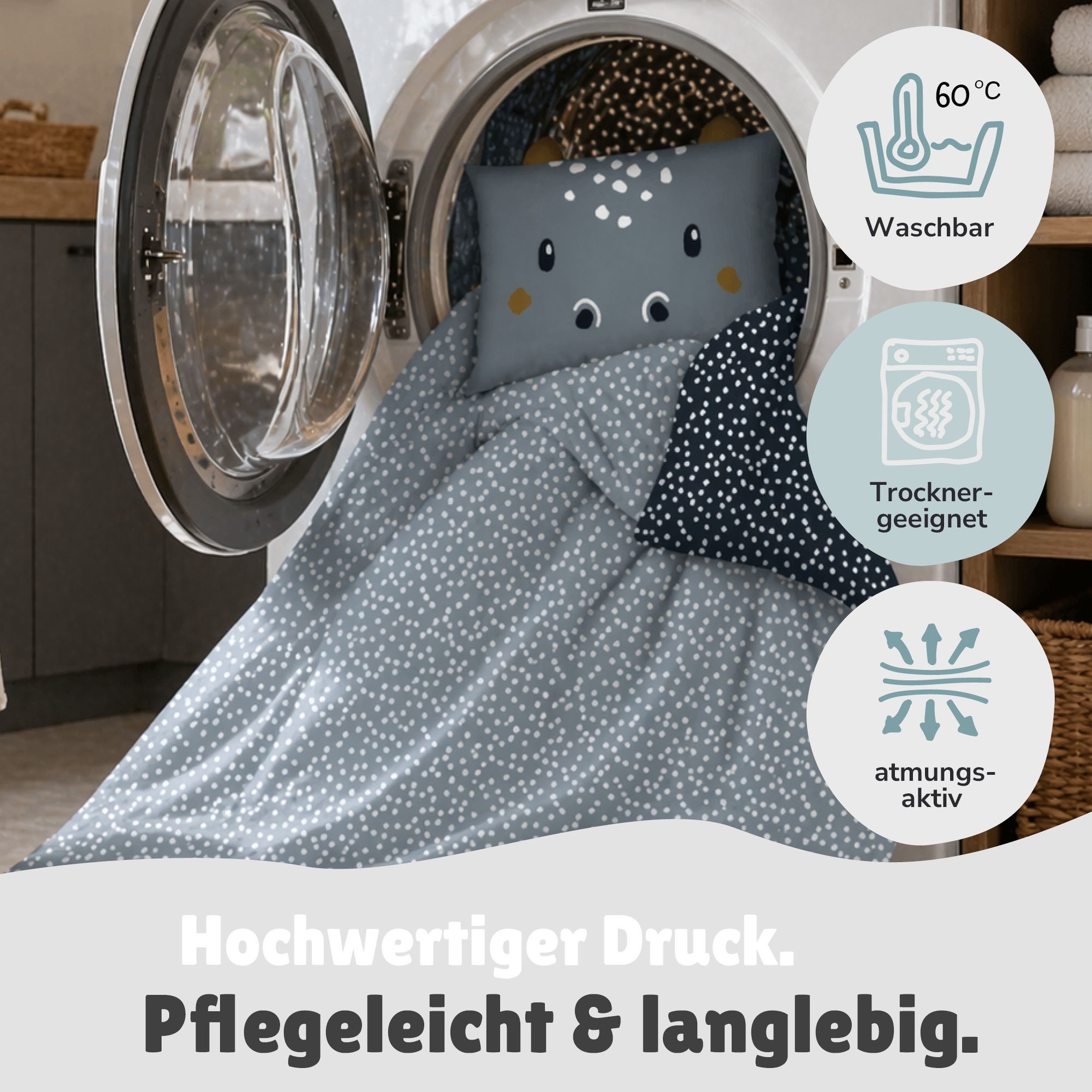 Familando Babybettwäsche Hippo 100x135 40x60cm süßes Nilpferd mit Ohren, Renforcé, 2 teilig, mit liebevollem Motiv & süßen Details – Bild 5 von 5