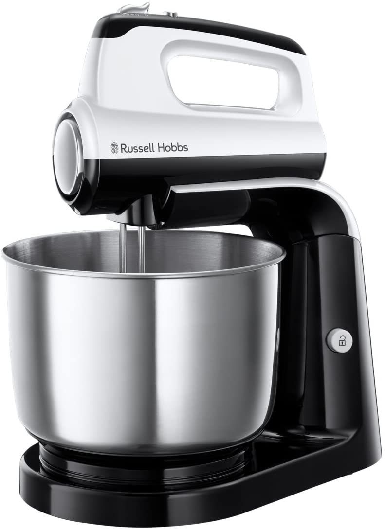 RUSSELL HOBBS Handmixer Handmixer Horizon Farbe weiß/schwarz Edelstahl-Rührschüssel 2 Turbofunktion, 350 Knethaken, Rührarm W, Rührbesen+2 + abnehmbar, Handmixer