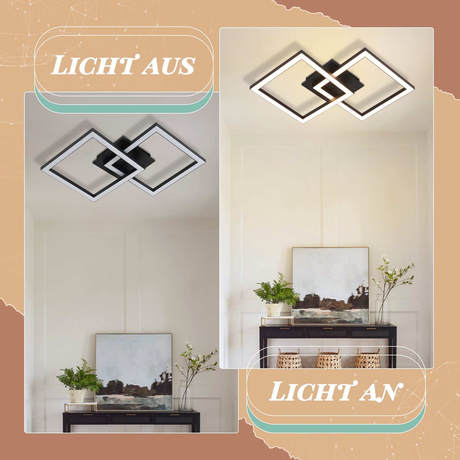 ZMH LED Deckenleuchte Modern 24W für Wohnzimmer Esszimmer Deckenlampe für Küche und Flur, LED fest integriert, Warmweiß, Doppelrahmen, 2 Leuchtelemente, ein Ele – Bild 4 von 5