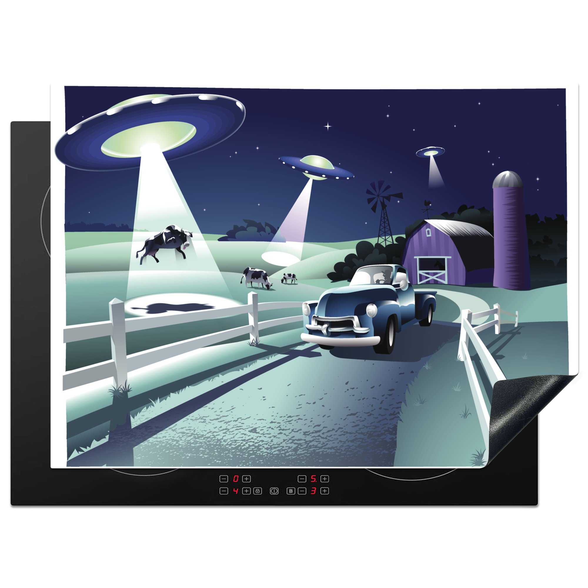 MuchoWow Herdblende-/Abdeckplatte Eine Illustration von UFOs, die Kühe entführen - Jungen - Mädchen -, Vinyl, (1 tlg), 70x52 cm, Mobile Arbeitsfläche nutzbar, Ceranfeldabdeckung