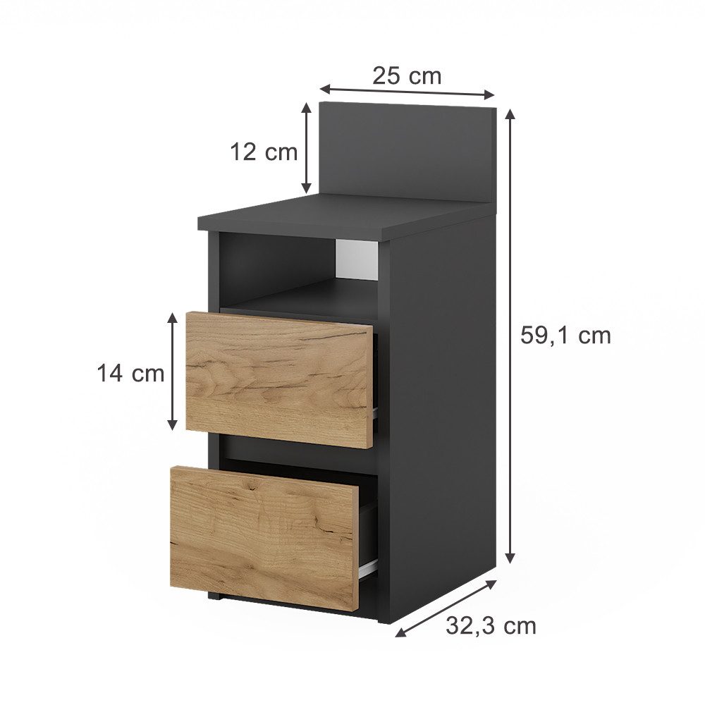 Vicco Nachtschrank Monty, Anthrazit/Goldkraft Eiche, 25 x 59.1 cm mit 2 Schubladen (1-St)