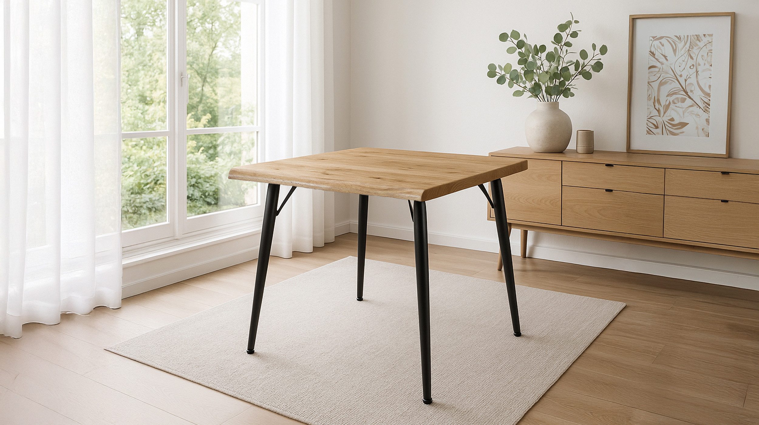 Die Möbelfundgrube® Baumkantentisch TAILIN 180 x 90 cm / Wildeiche-Optik / Baumkantenoptik, schwarzes Metallgestell, pflegeleicht, natürliche Holz Maserung
