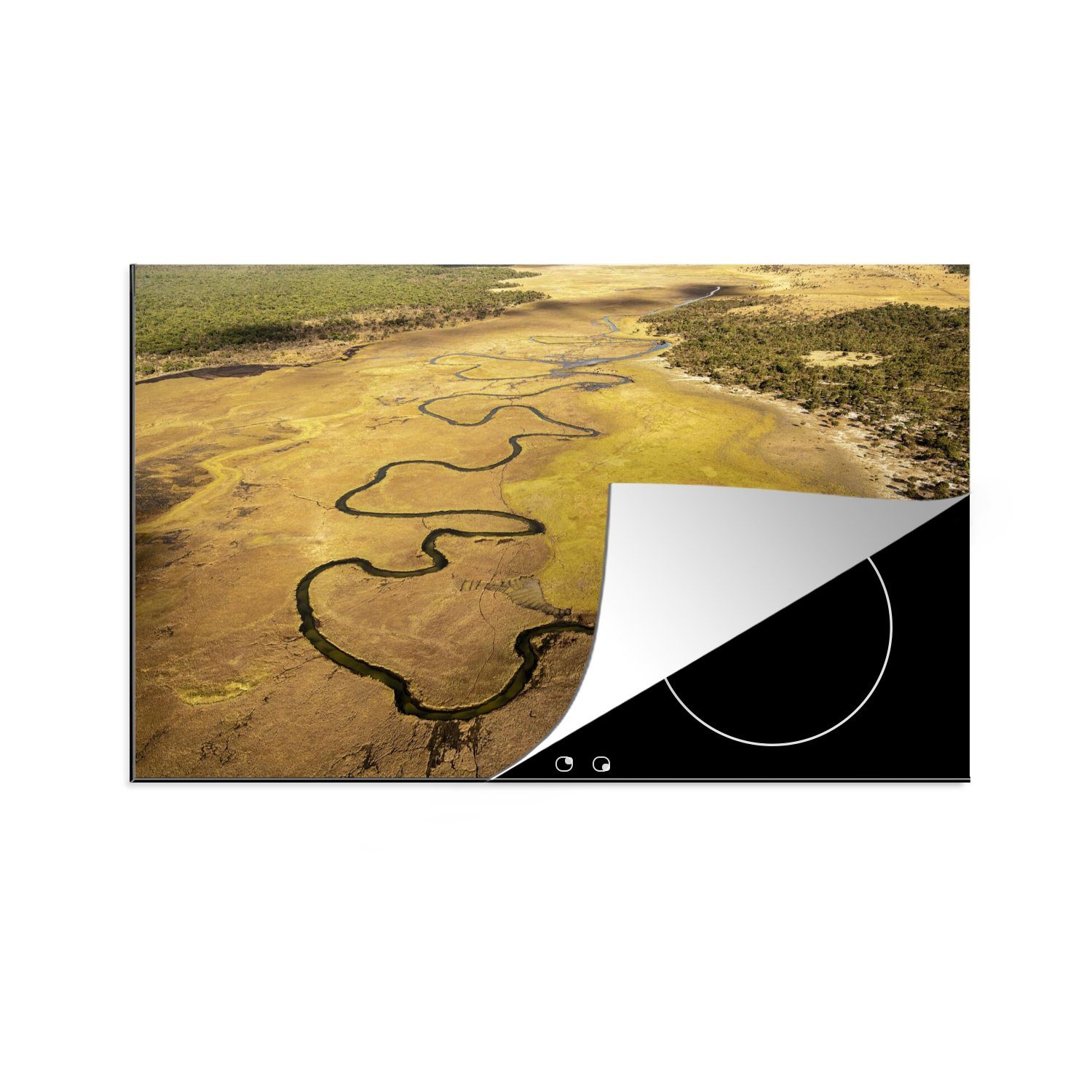 MuchoWow Herdblende-/Abdeckplatte Schmaler Fluss durch die Savanne, Vinyl, (1 tlg), 81x52 cm, Induktionskochfeld Schutz für die küche, Ceranfeldabdeckung
