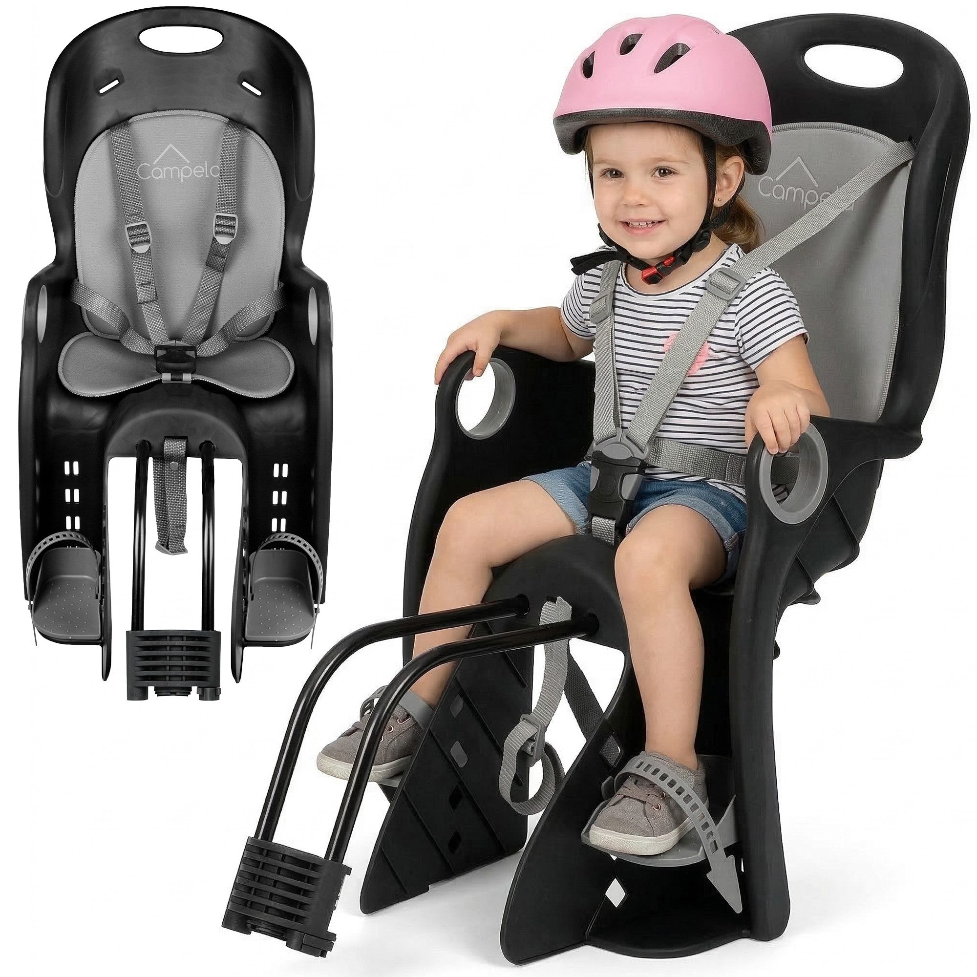 Campela Fahrradkindersitz Kinder Fahrrad-Kindersitz – 22 kg – Rahmen & Gepäckträger – Grau, ab: ab 9 Monaten, bis: 7 Jahren