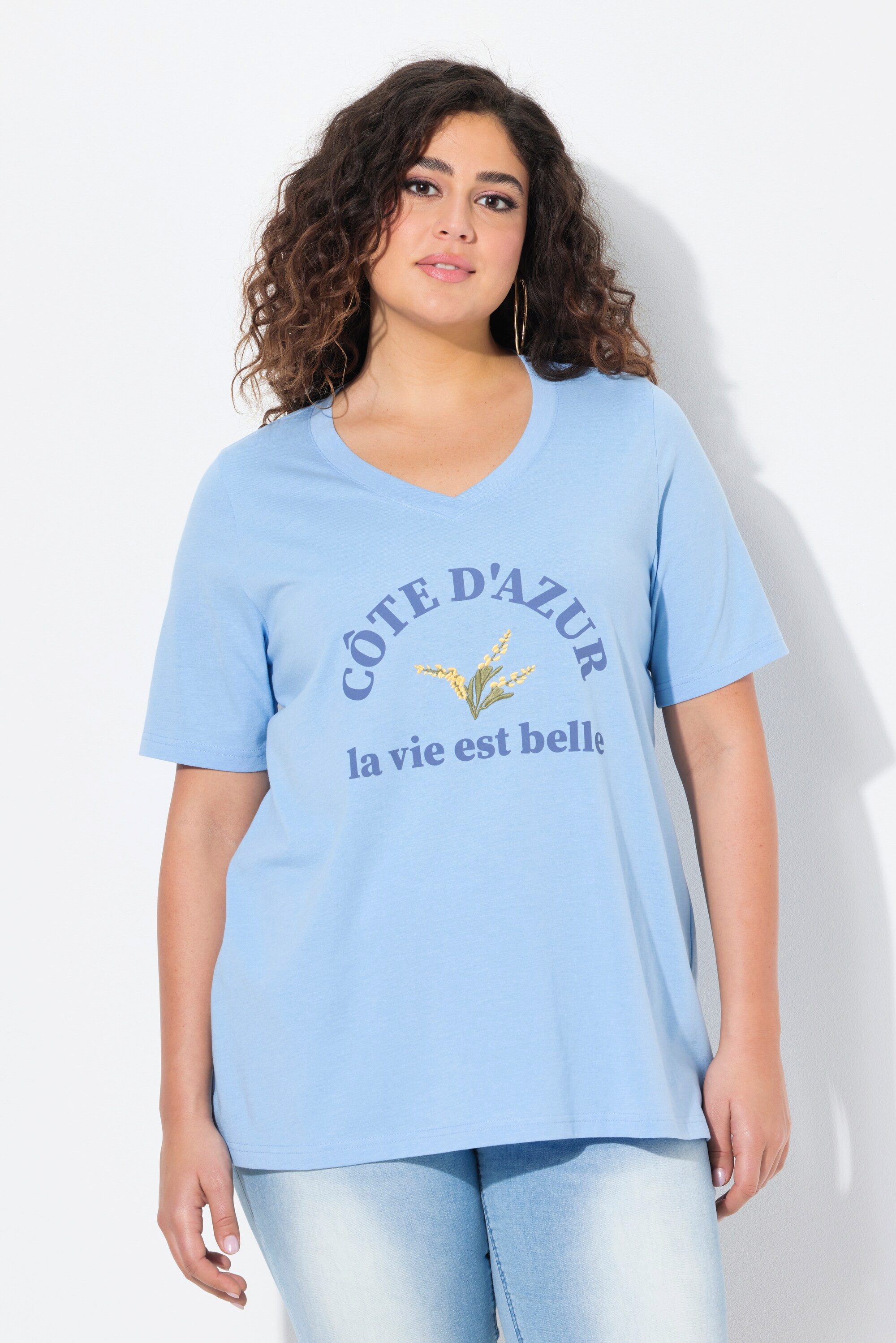 Ulla Popken T-Shirt T-Shirt Stickerei A-Linie V-Ausschnitt Halbarm günstig online kaufen