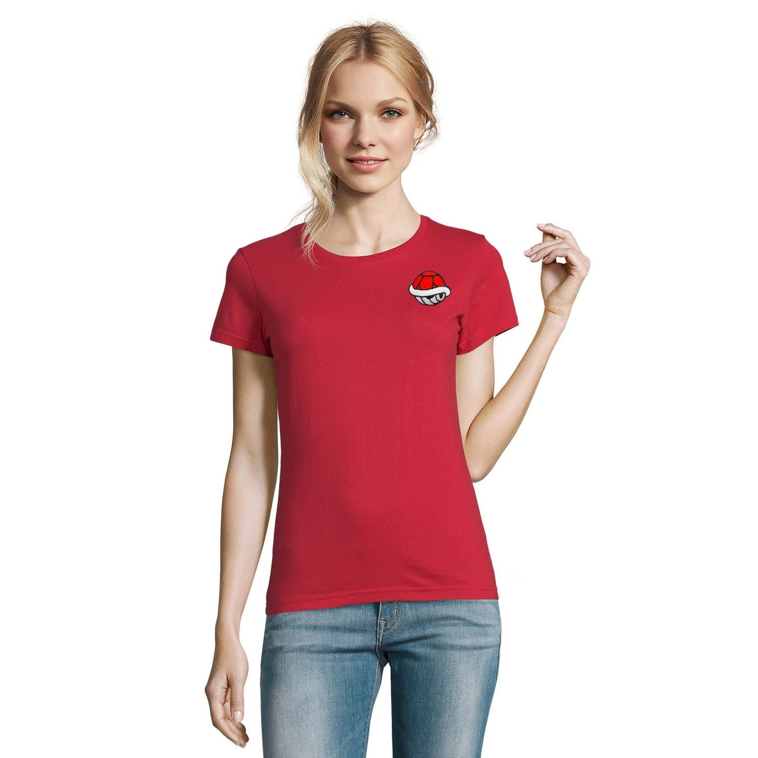 Blondie & Brownie T-Shirt Damen T Shirt mit rotem Schildkrötenpanzer und Rundhalsausschnitt (Einzelartikel) Karmesin-Krustenblick Signatur
