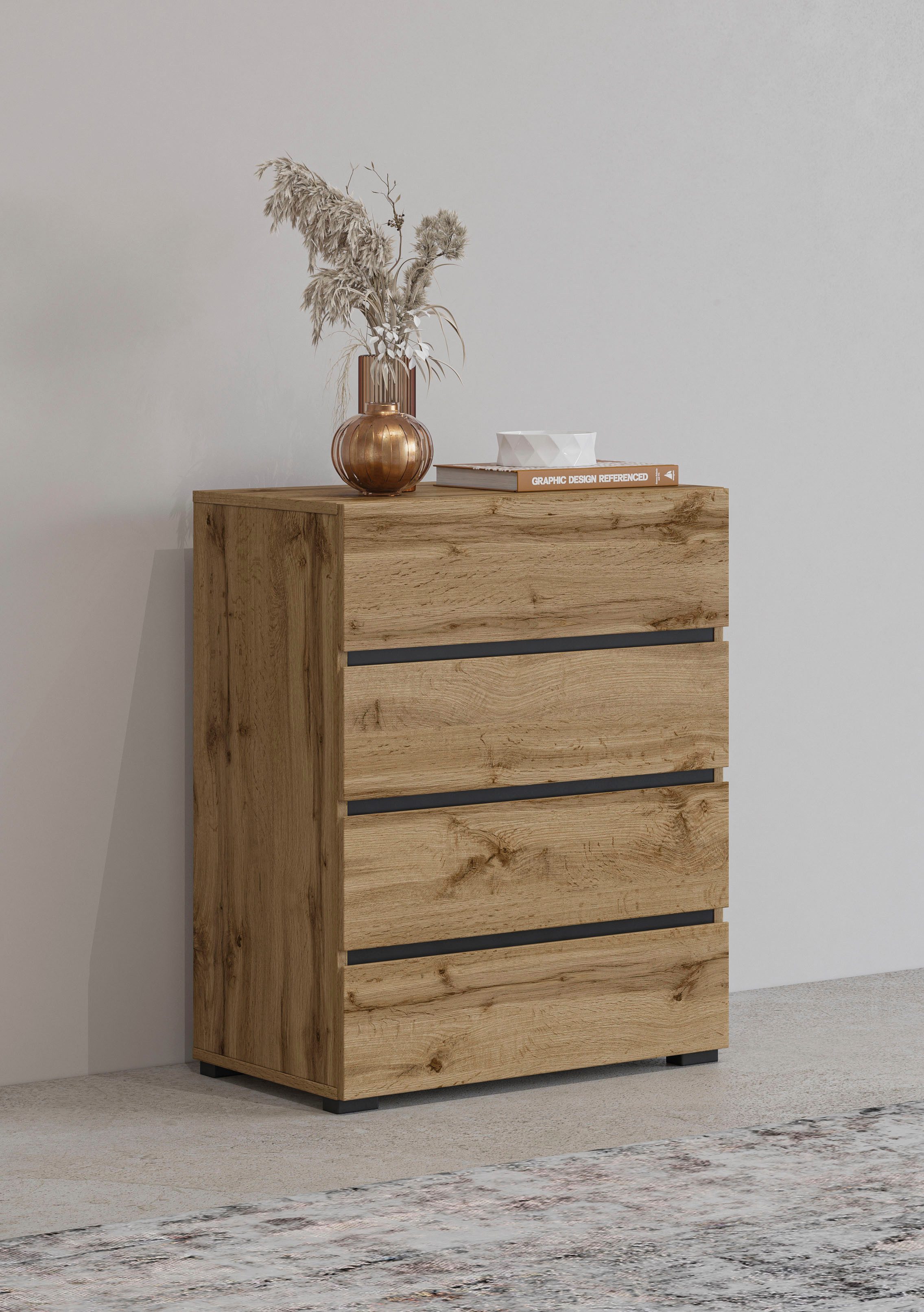 OTTO home Kommode Cross,Breite 60 cm, moderne grifflose Sideboard,4 Schubkästen, Schubladenschrank mit viel Stauraum, Flur Highboard