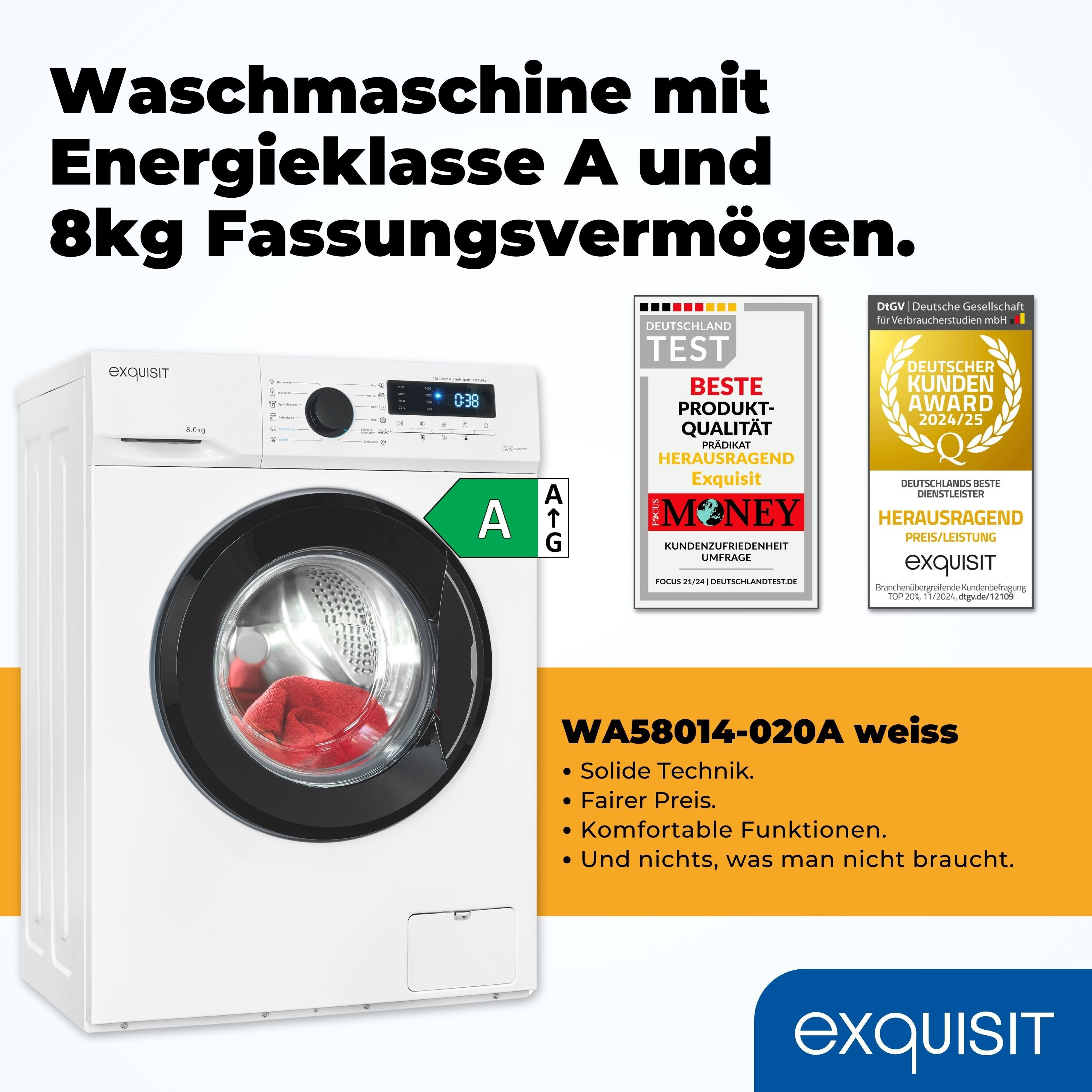 exquisit Waschmaschine WA58014-020A, 8 kg, 1400 U/min, 8kg, EEK: A, 13 Programme, 1400 U/Min, ECO, Aquastop