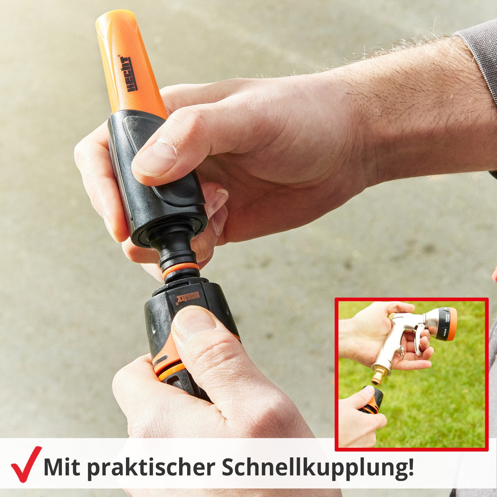 Hecht Schlauchtrommel 20m 30m mit Einzugautomatik und Schnellkupplungsanschlüsse, Hahnanschluss 1/2" & 3/4", Spritzdüse, Wandhalterung, 180° schwenkbar