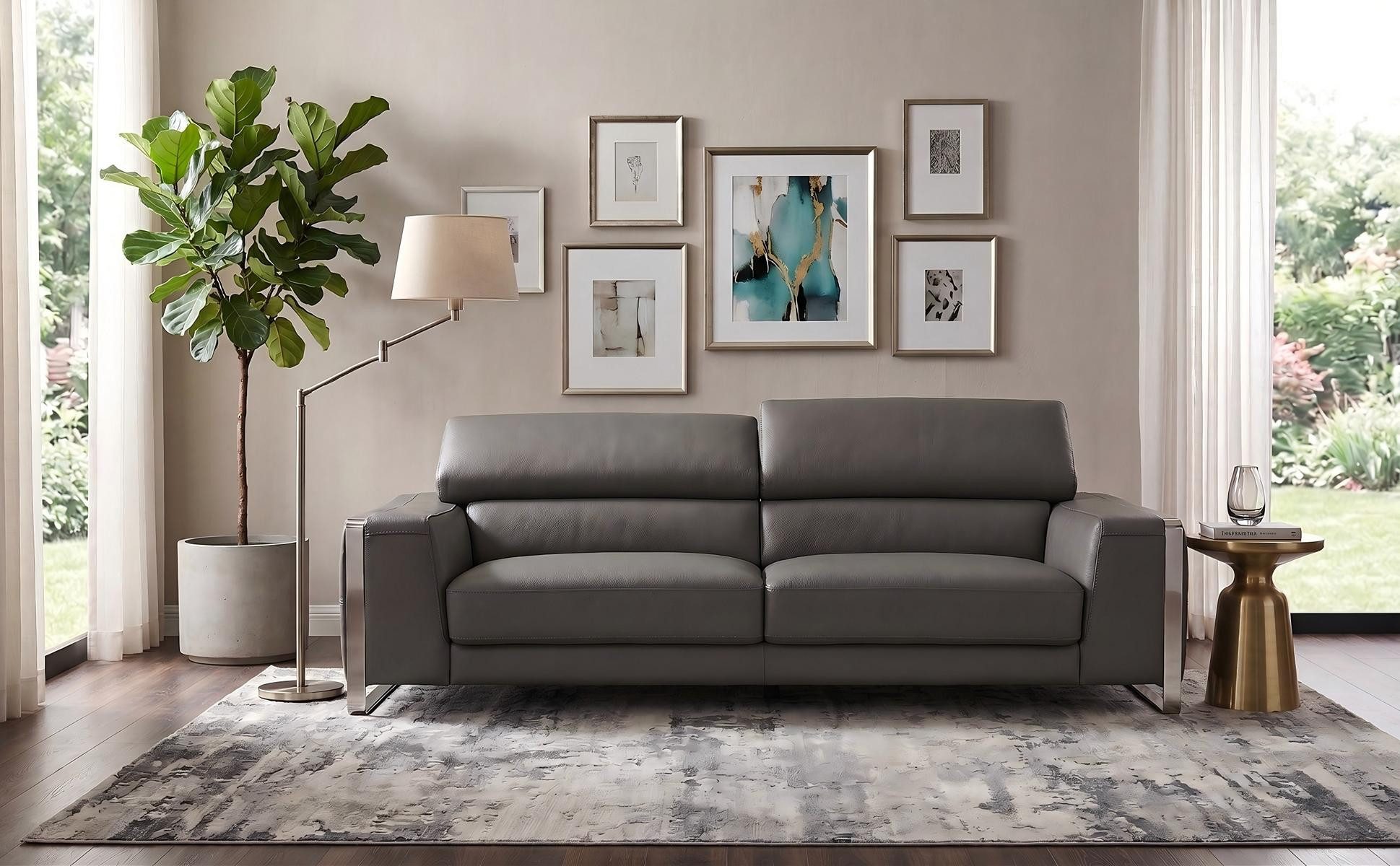 Salottini Sofa Elite XL 3er Sofa Andrea 3-Sitzer Leder Couch Ledersofa grau, Handarbeit