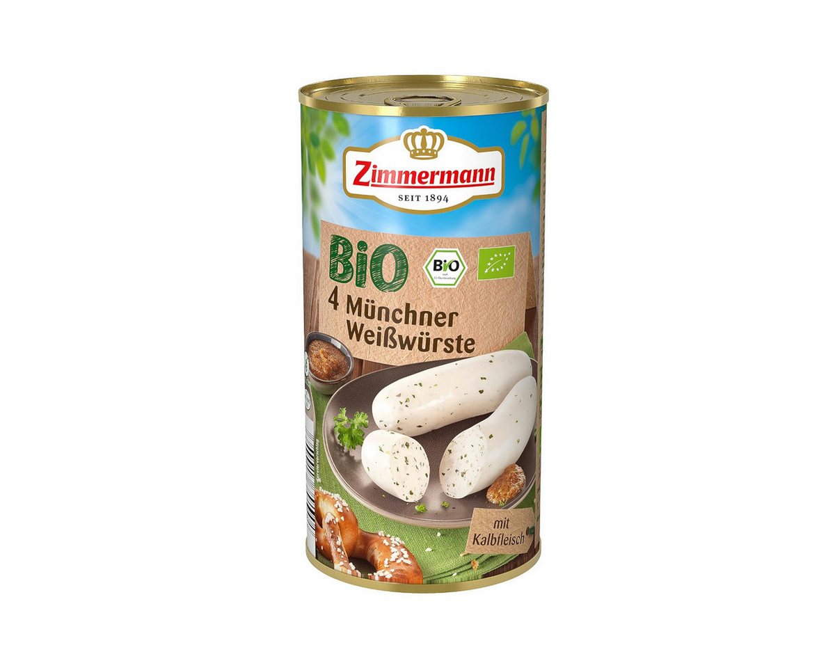 Zimmermann Wurstkonserve, Zimmermann Bio Münchner Weißwürste 4 Stück ATG 250g Dose 597g