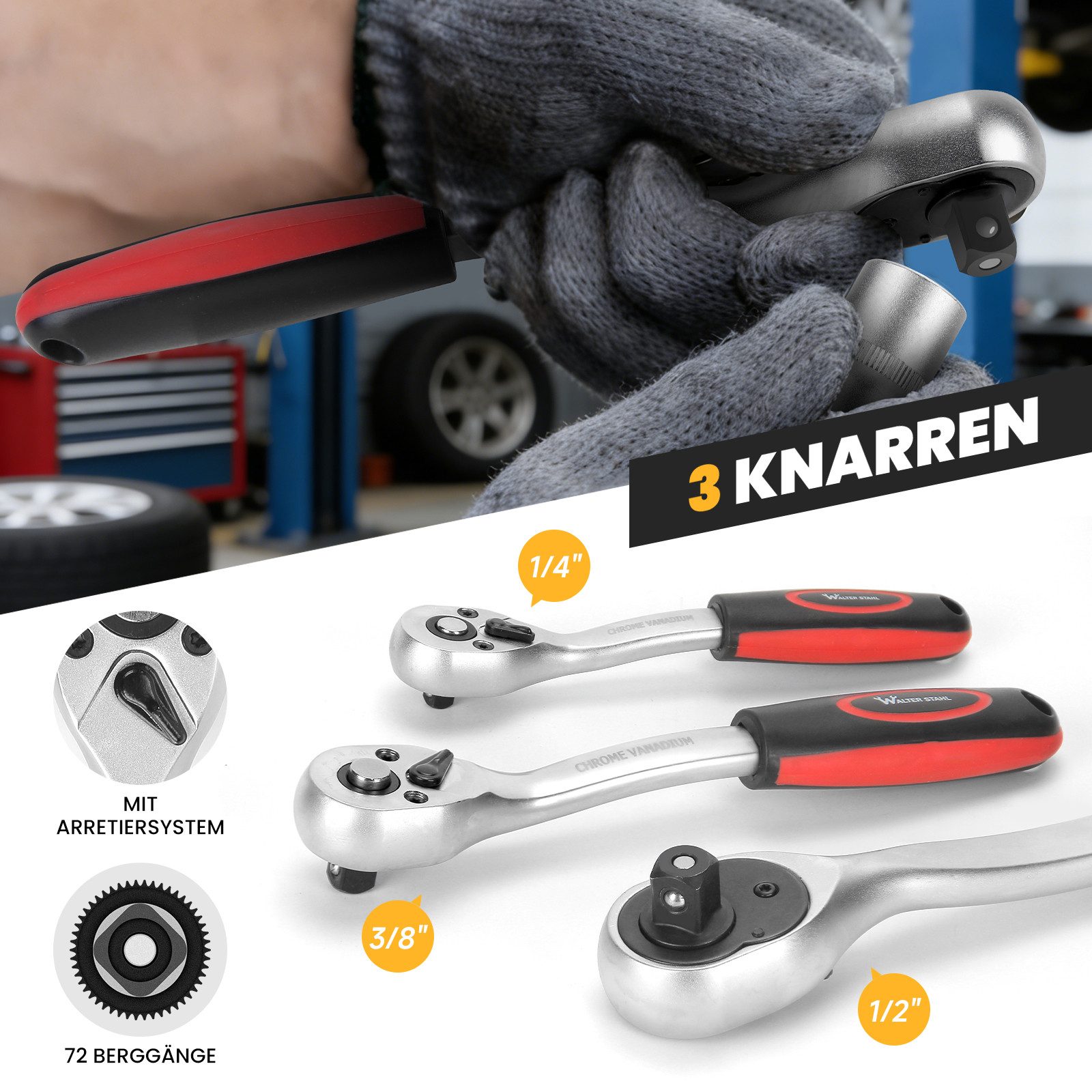 Walter Stahl Germany control Steckschlüssel Steckschlüsselsatz 215/409/599-tlg Ratschenkasten 1/4"+1/2"+3/8" (Packung, 215 St., 108/172/215/409/599-tlg), Mit Ratschen, Steckschlüssel und Bitsatz,Steckdosen,Werkzeugkoffer