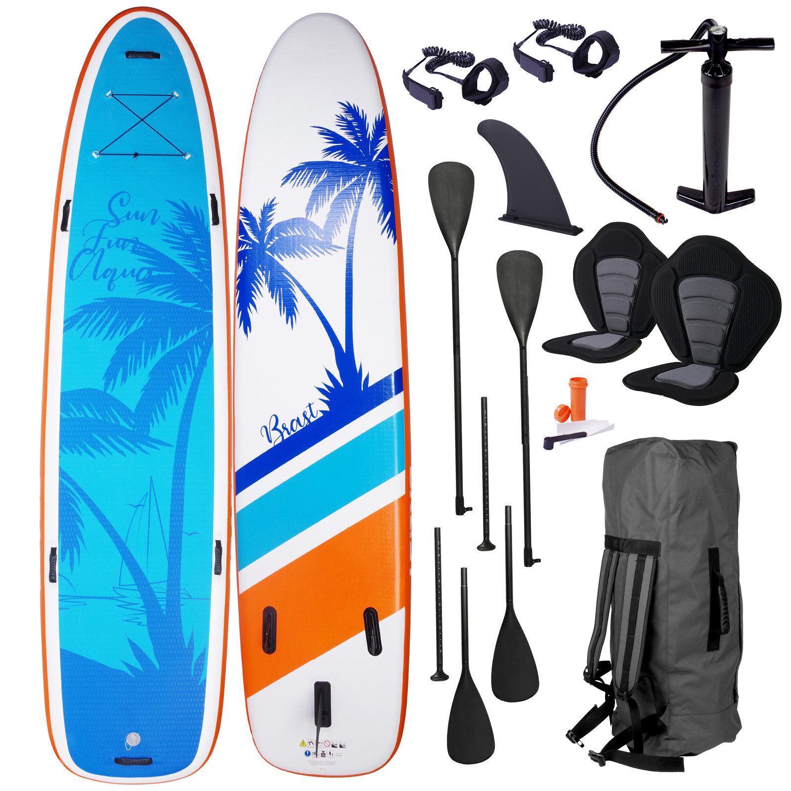 BRAST SUP-Board Family Aufblasbares Stand up Paddle Set XXL - 370x87x15cm bis 210kg, inkl. Zubehör 2X Kajak-Sitz 2X Fußschlaufe, (5 Jahre Garantie), 2X Paddel Pumpe Rucksack