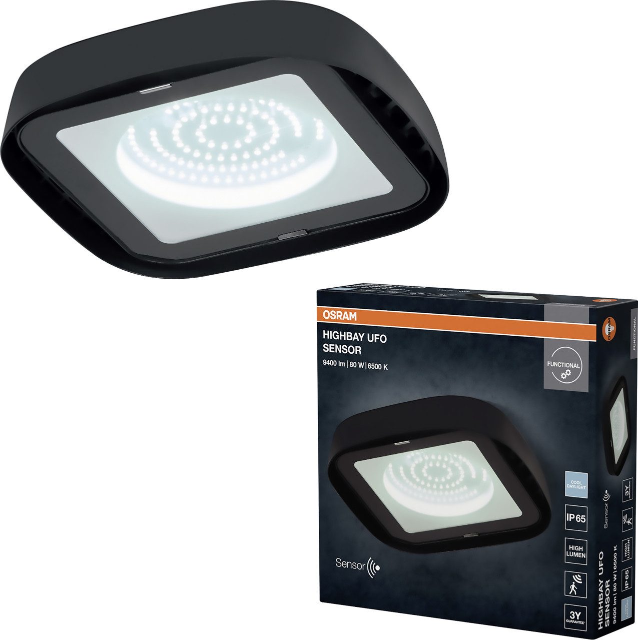 Osram Deckenleuchte Osram LED-Deckenleuchte Highbay UFO Sensor IP65 80, Inkl. Leuchtmittel, Nicht dimmbar ohne Bewegungsmelder