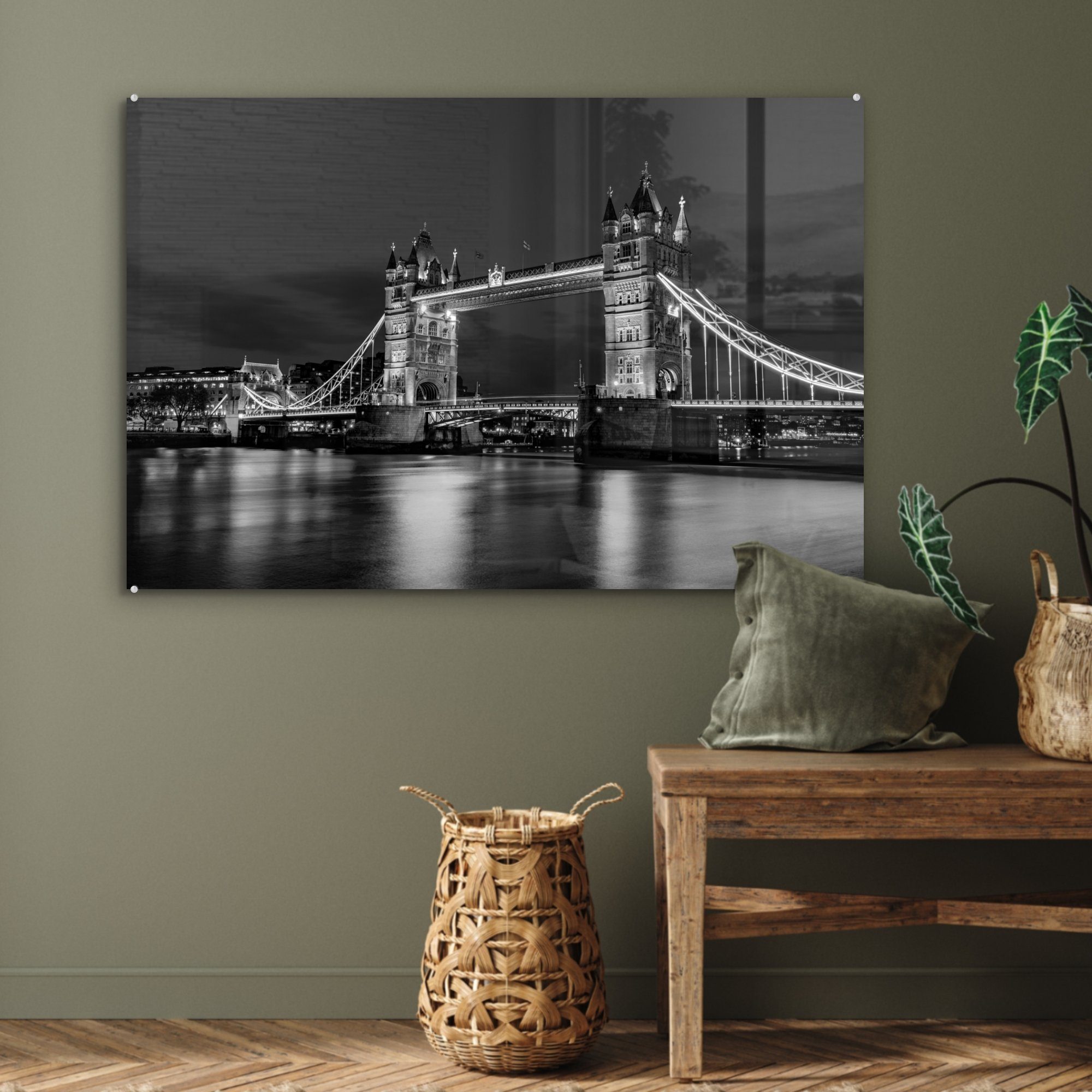 England Tower beleuchtet und am Schlafzimmer Abend & - Wohnzimmer MuchoWow St), (1 Acrylglasbilder Bridge weiß, schwarz Acrylglasbild in