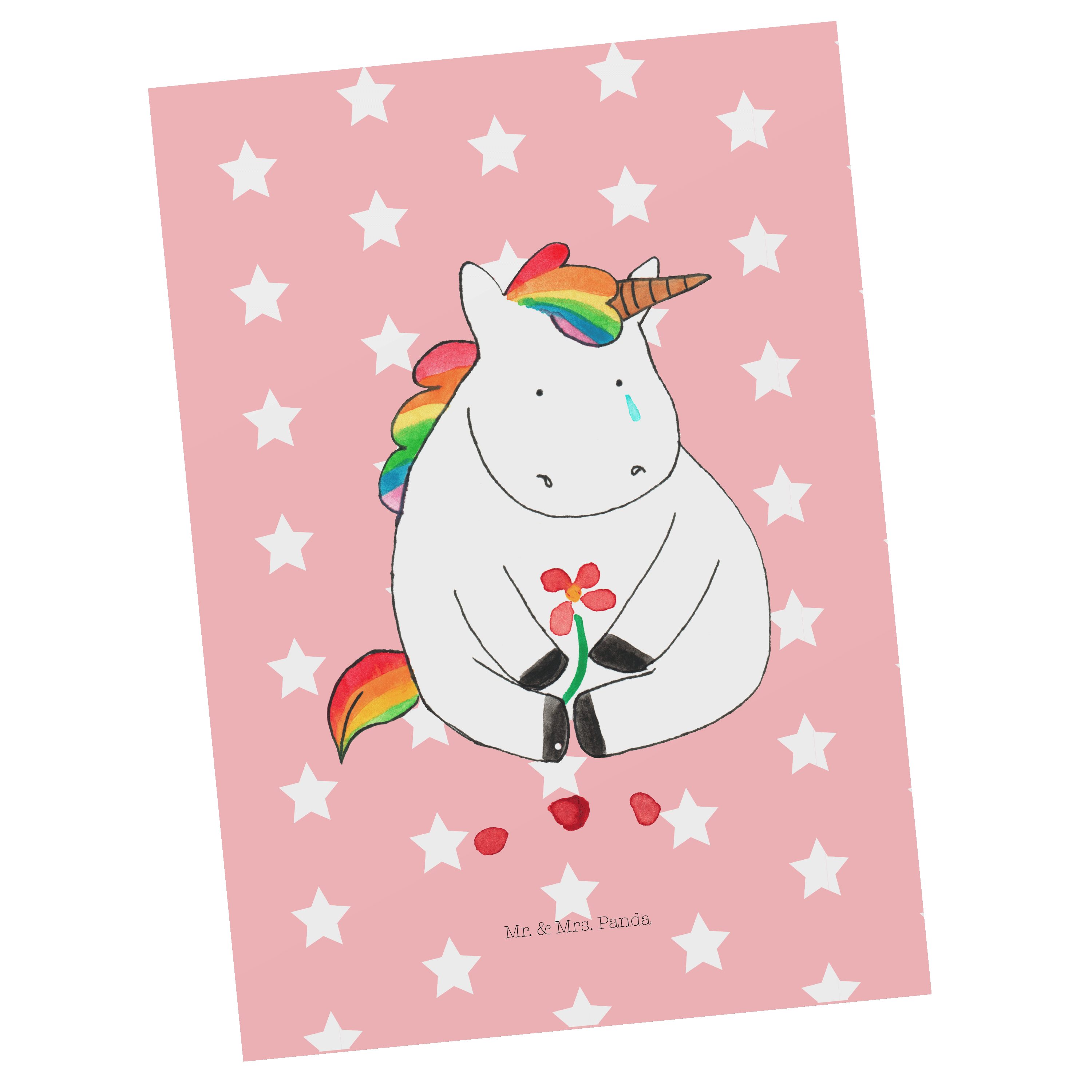 Mr. & Mrs. Panda Postkarte Einhorn Traurig - Rot Pastell - Geschenk, Liebe, Einhorn Deko, Blume