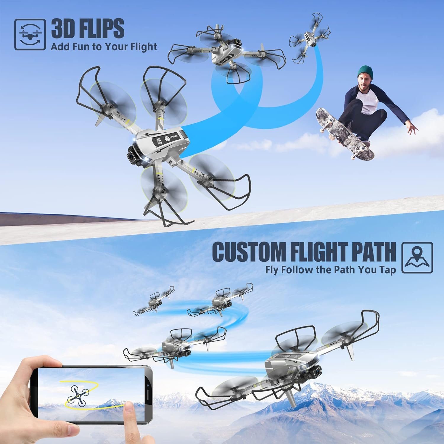 TOPRCBOXS Drohne (1080P, Kamera FPV-Quadcopter faltbare Gestensteuerung Flugbahnflug 360° Flips)
