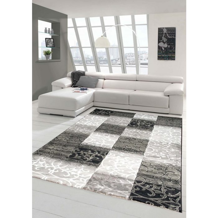Teppich Designer Teppich Moderner Teppich Wohnzimmer Teppich Kurzflor Teppich mit Konturenschnitt Karo Muster Schwarz Weiß Grau Teppich-Traum rechteckig Höhe: 11 mm