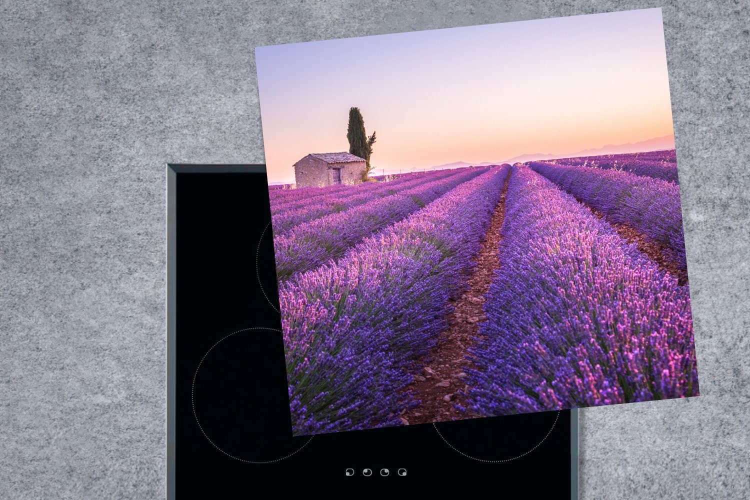 küche - 78x78 Lila MuchoWow Ceranfeldabdeckung, Herdblende-/Abdeckplatte - (1 cm, - tlg), Blumen, Sonnenuntergang für Lavendel Arbeitsplatte Vinyl,