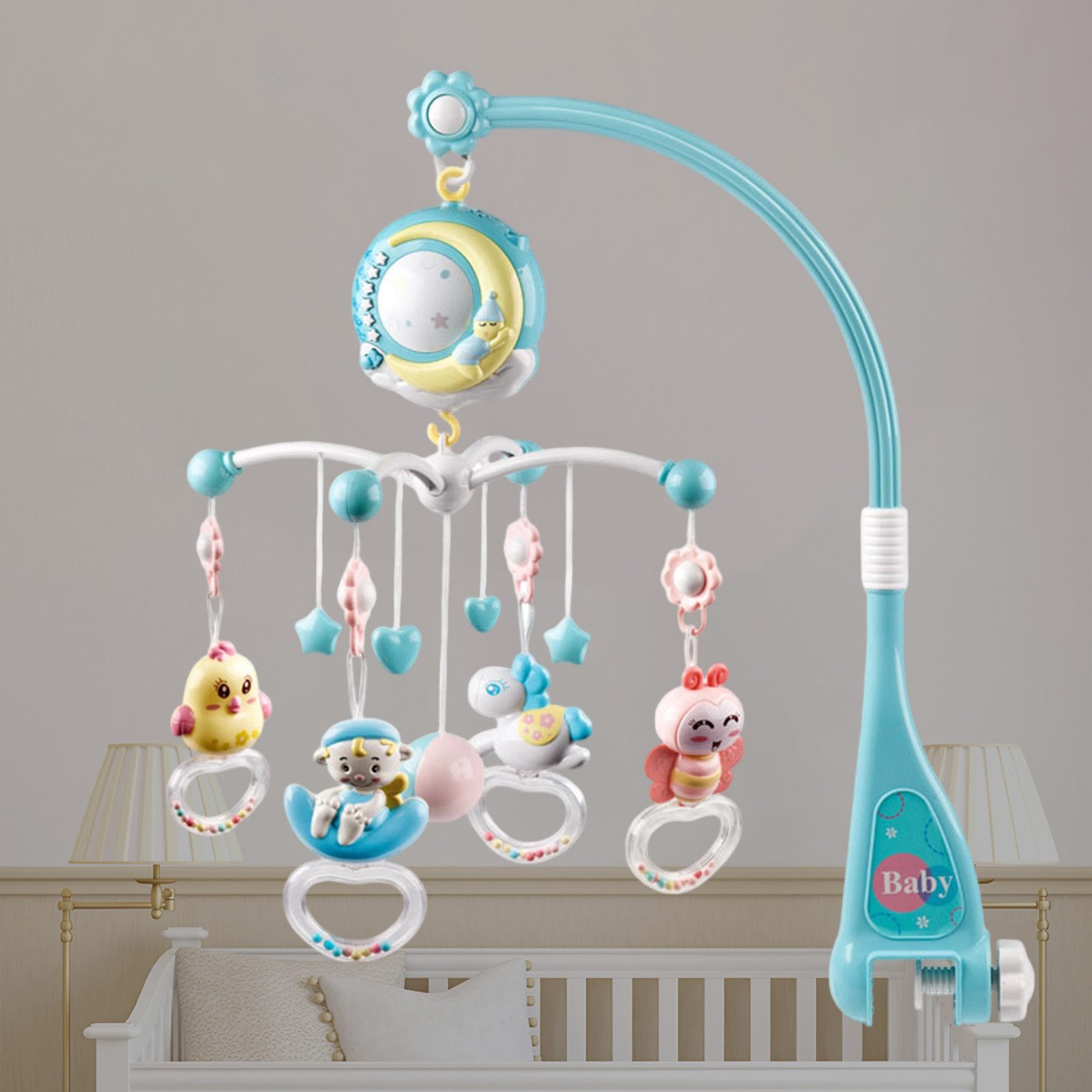 MODFU Mobile Babybett Anhänger Babybett Spieluhr mit Fernbedienung Babyspielzeug, (mit Sternenhimmel-Projektion 150 Melodien 360° Drehung Nachtlicht, 1-tlg., beruhigendes Einschlafspielzeug 3 Timer-Modi Keine Batterien enthalten), kompatibel mit Babybetten und Kinderwagen Fernbedienung inklusive