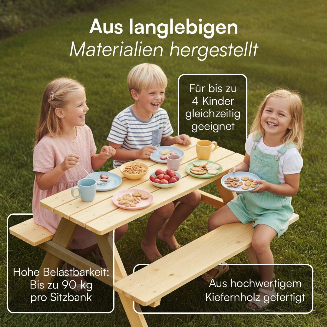 Bellabino Kindersitzgruppe Inny Outdoor-Bank aus Holz, (Tisch und Bänke, Sitzgruppe), für 4 Personen, unbehandelt, Kindermöbelset aus Kiefer Massivholz