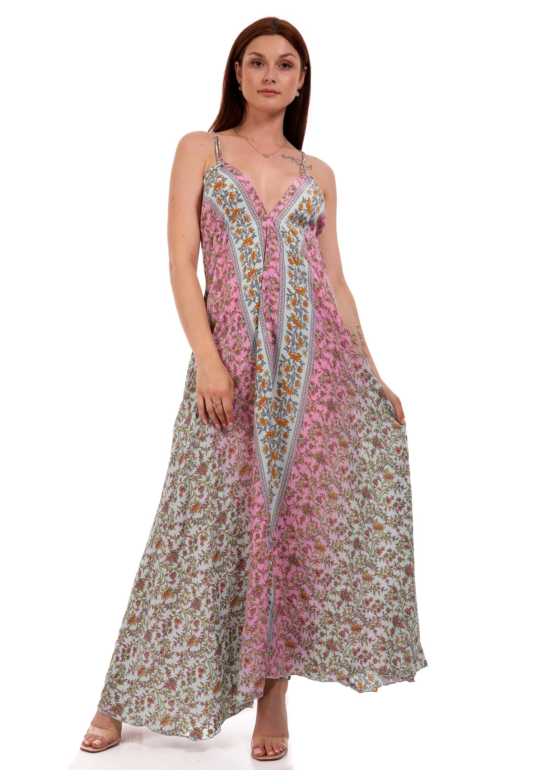 Maxikleid 34-40 Maxikleid rosa (1-tlg) Blumenprint mit & YC Rückenschnürung One mit Style Size Fashion
