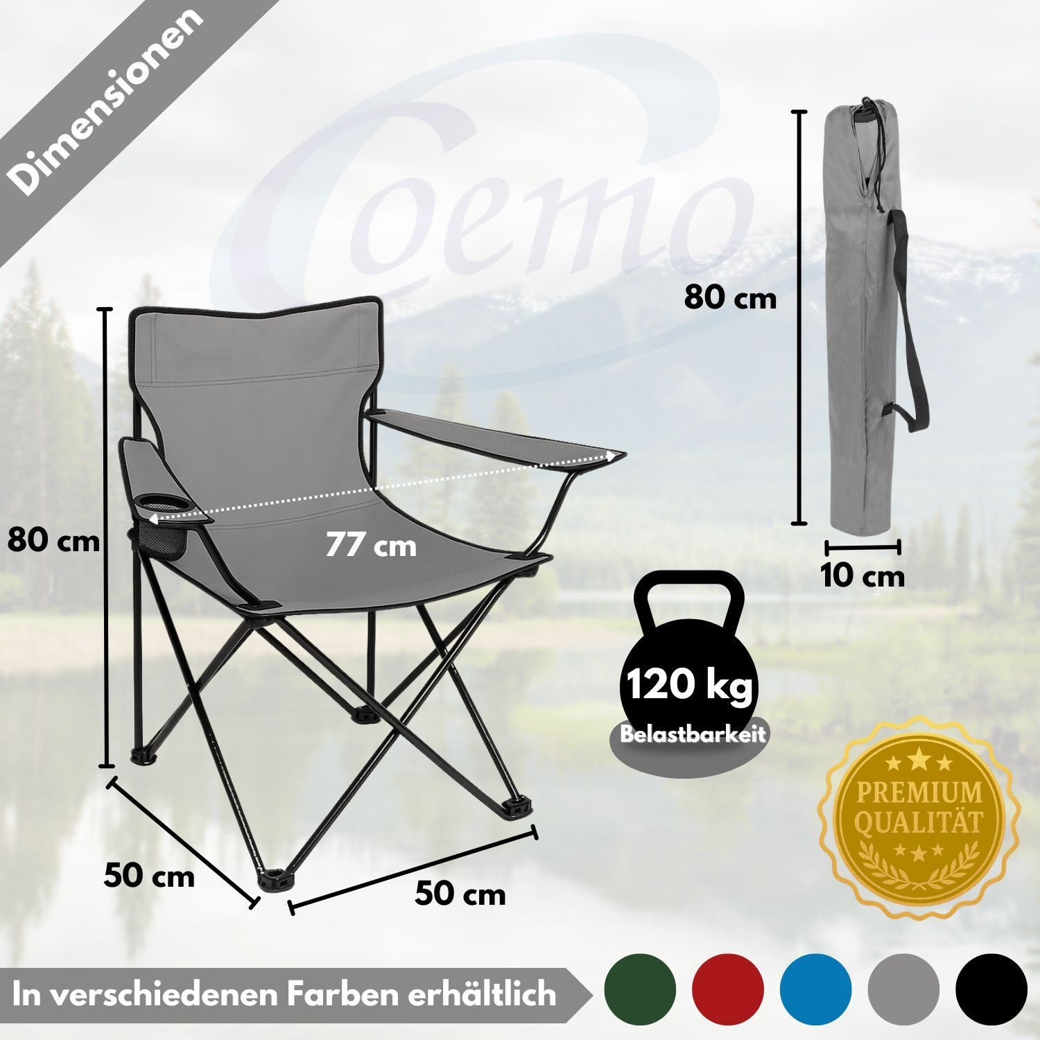 Coemo Gartenstuhl (4 St), faltbarer Campingstuhl Grau mit Getränkehalter, Outdoor-Stuhl