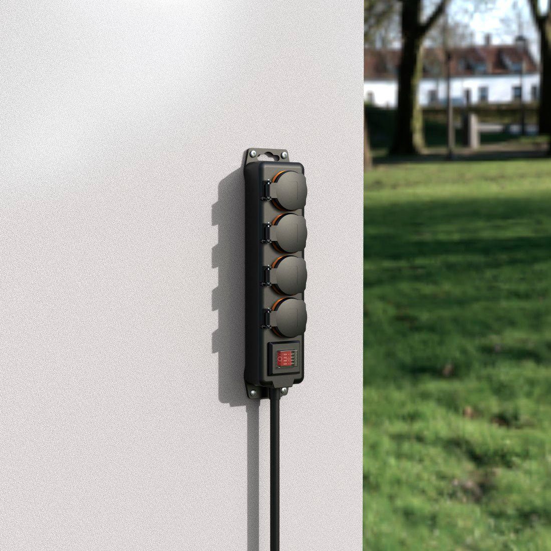 Hama Steckdosenleiste 4-fach (Ein- / Ausschalter, Schalterbeleuchtung, Klappendeckel, Schutzkontaktkupplung, Schutzkontaktstecker, Kabellänge 2 m), IP44