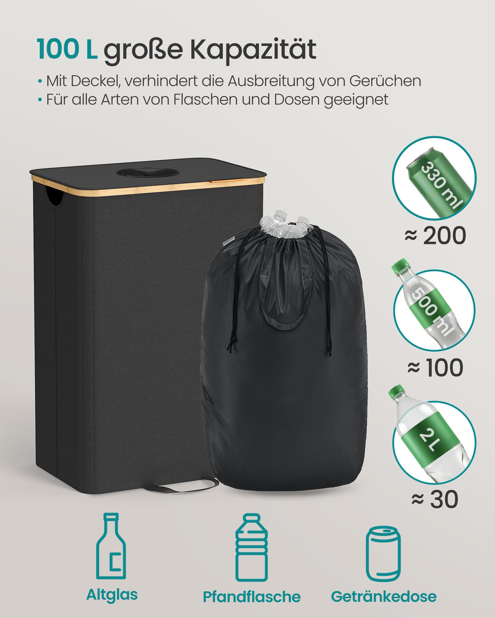 SONGMICS Flaschenkorb Pfandflaschen-Sammelbehälter, Flaschensammler Leergut, Küche, 95 L Pfandflaschen-Behälter, mit Loch, Deckel, Innensack mit Griffen – Bild 3 von 5