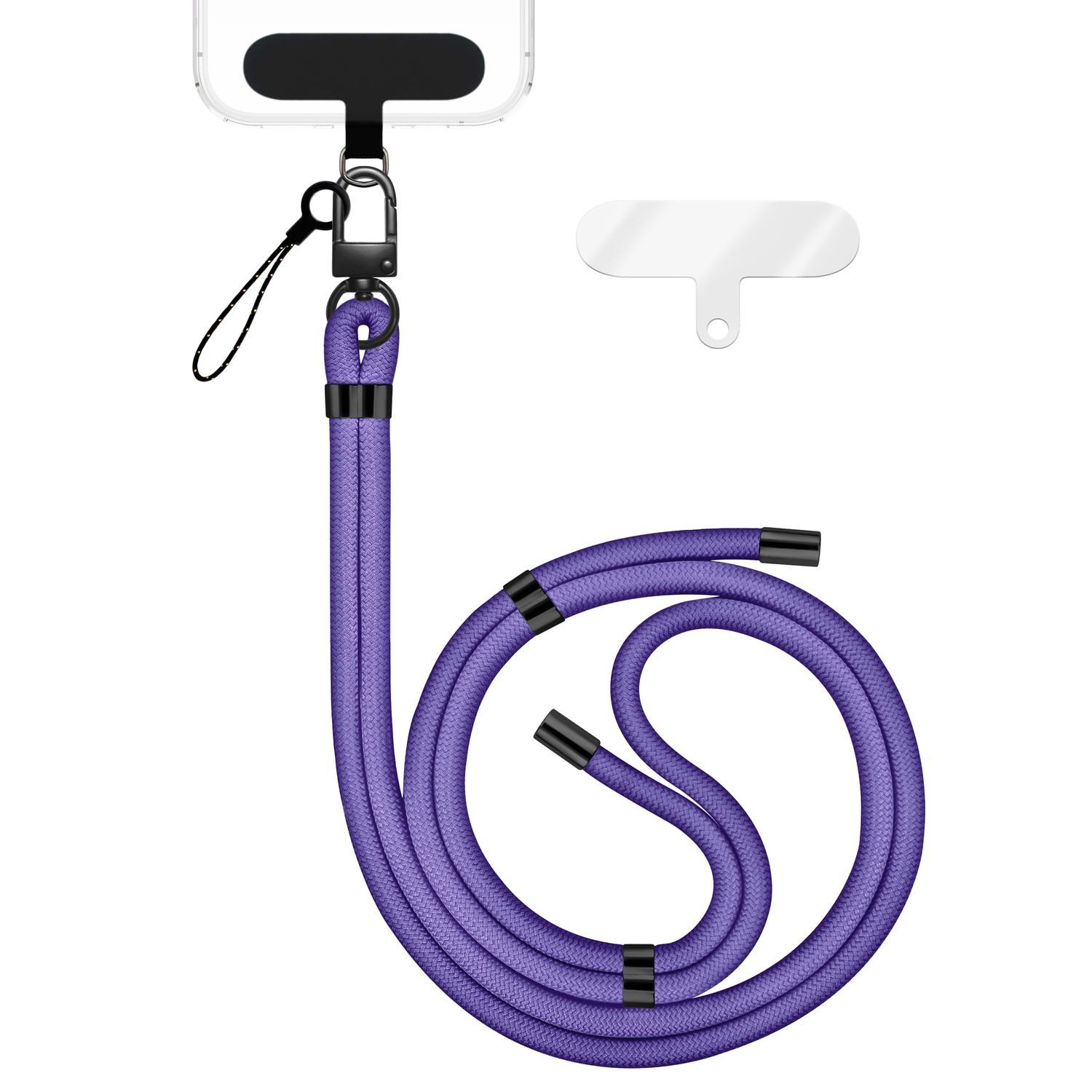 Nalia Handykette Universal Smartphone, Nylon Handyband / Karabiner Matt Schwarz & 2 Pads / 35-75cm Tragelänge