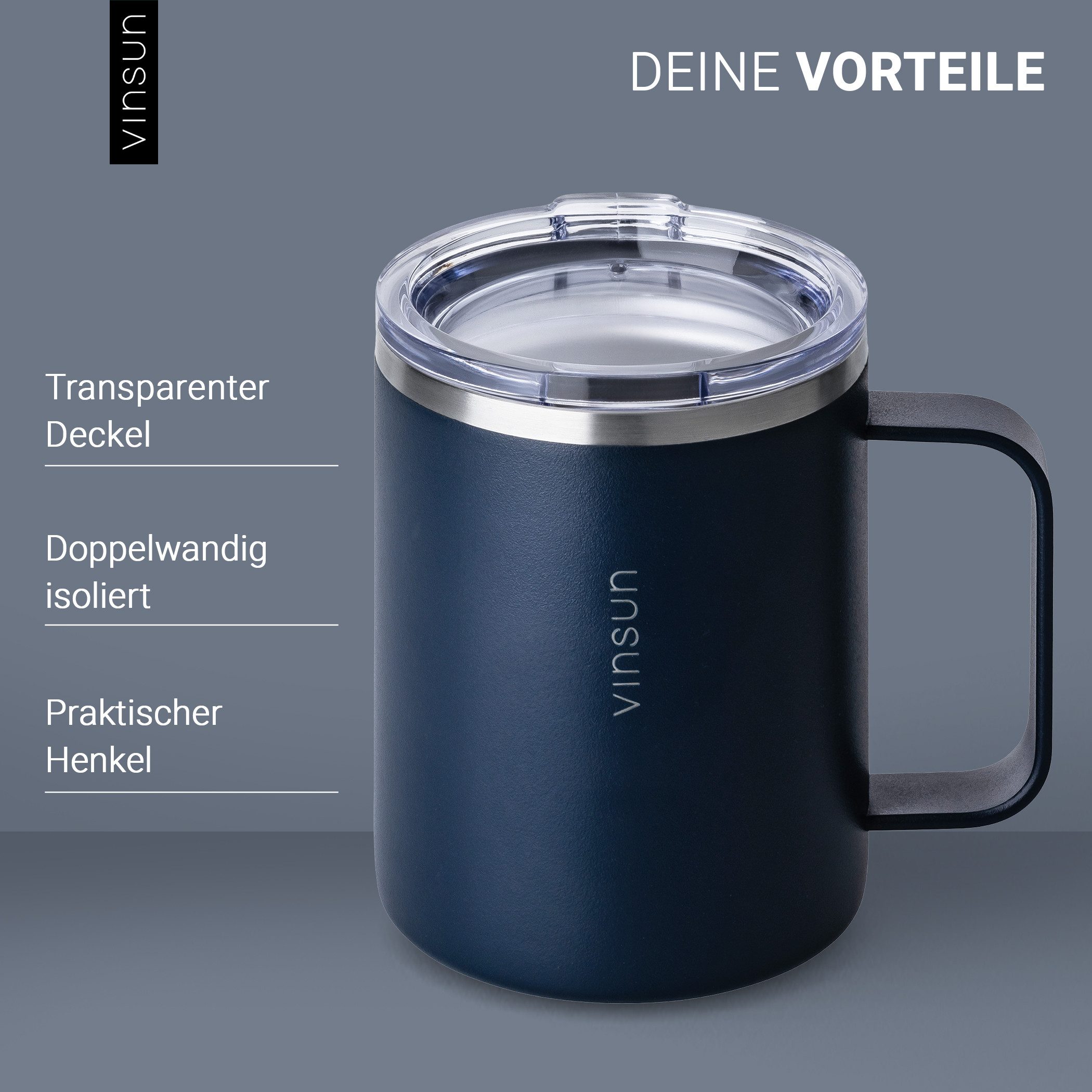 Vinsun Thermobecher Edelstahl Isolierbecher 350ml - Kaffeebecher mit Henkel und Deckel, 2-tlg., Edelstahl, Doppelwandig isoliert, BPA frei, bruchfest, Kalt- und – Bild 2 von 5