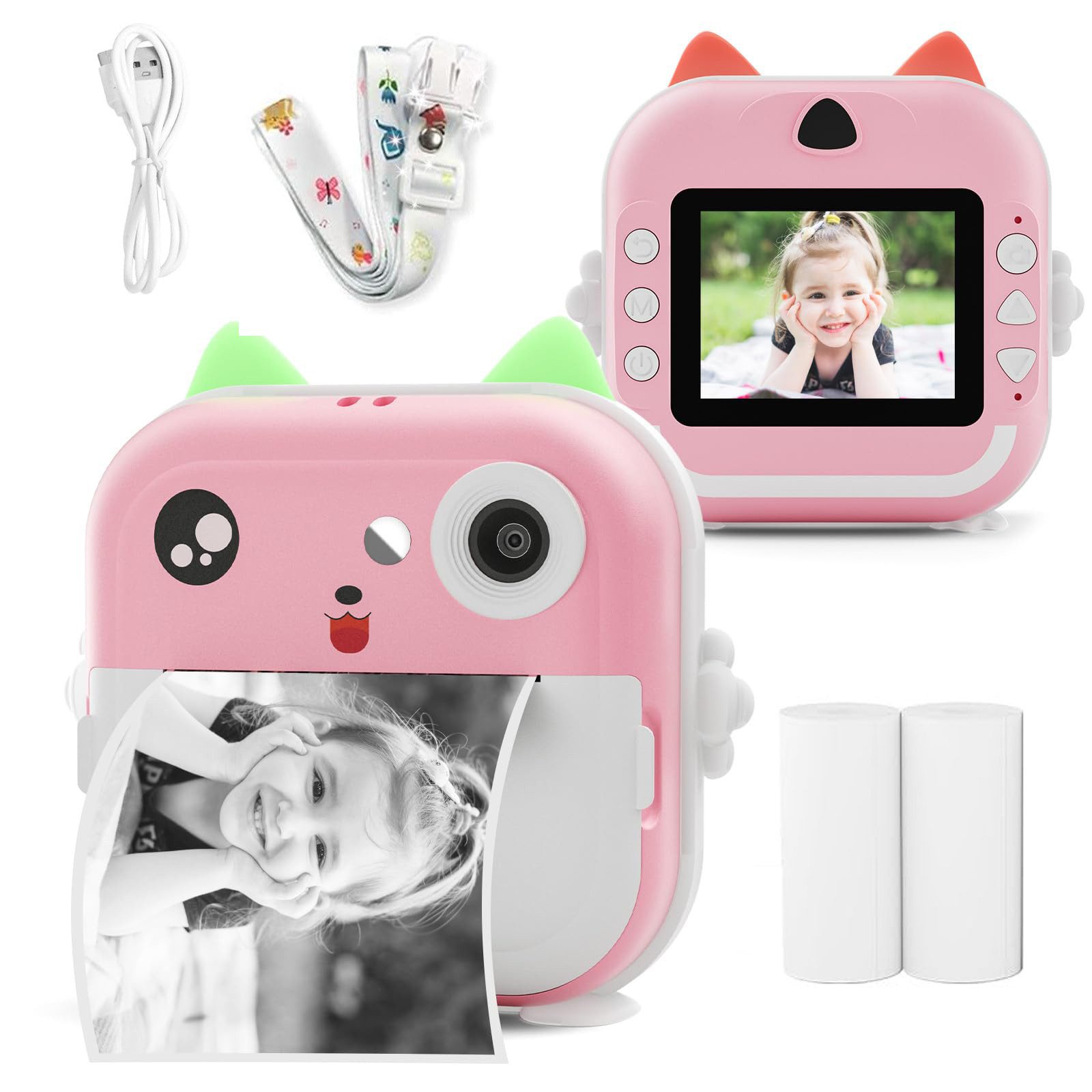 MOPUEA 2,4" Mini Kamera 1080P HD-Druckkamera DigitalKamera Thermodrucker Sofortbildkamera (Bluetooth, inkl. Druckpapier*2, USB-Kabel *1, Tragbares Umhängeband*1, Bluetooth-Fotodrucker Mini-Drucker)