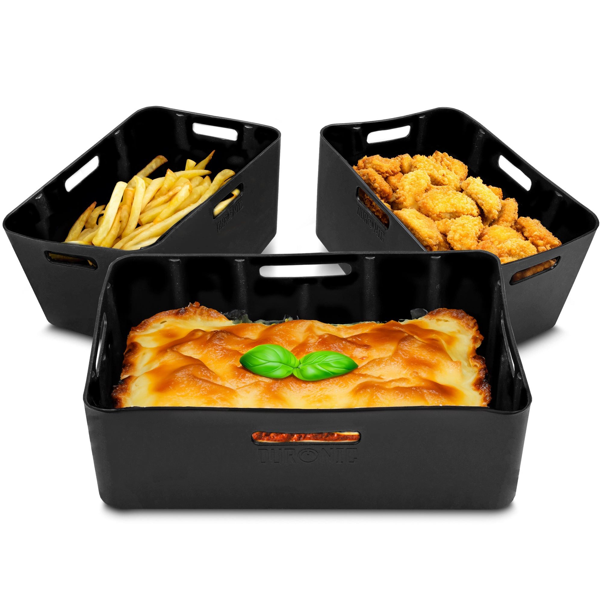 Duronic Silikonform AFL3 für Heißluftfritteuse, 3 Antihaft Silikoneinsätze für Airfryer, Wiederverwendbar, BPA-frei
