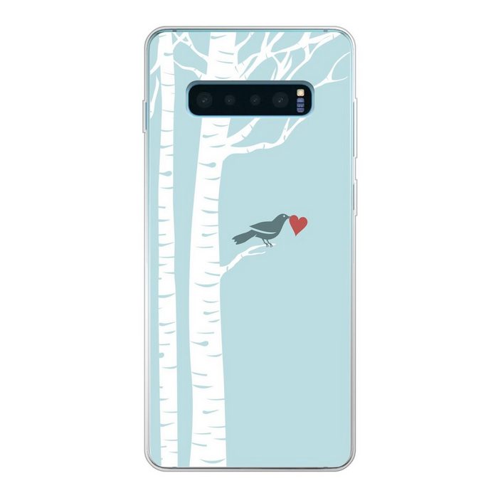 MuchoWow Handyhülle Eine Illustration eines Vogels mit Herz in einer Birke Phone Case Handyhülle Samsung Galaxy S10 Lite Silikon Schutzhülle
